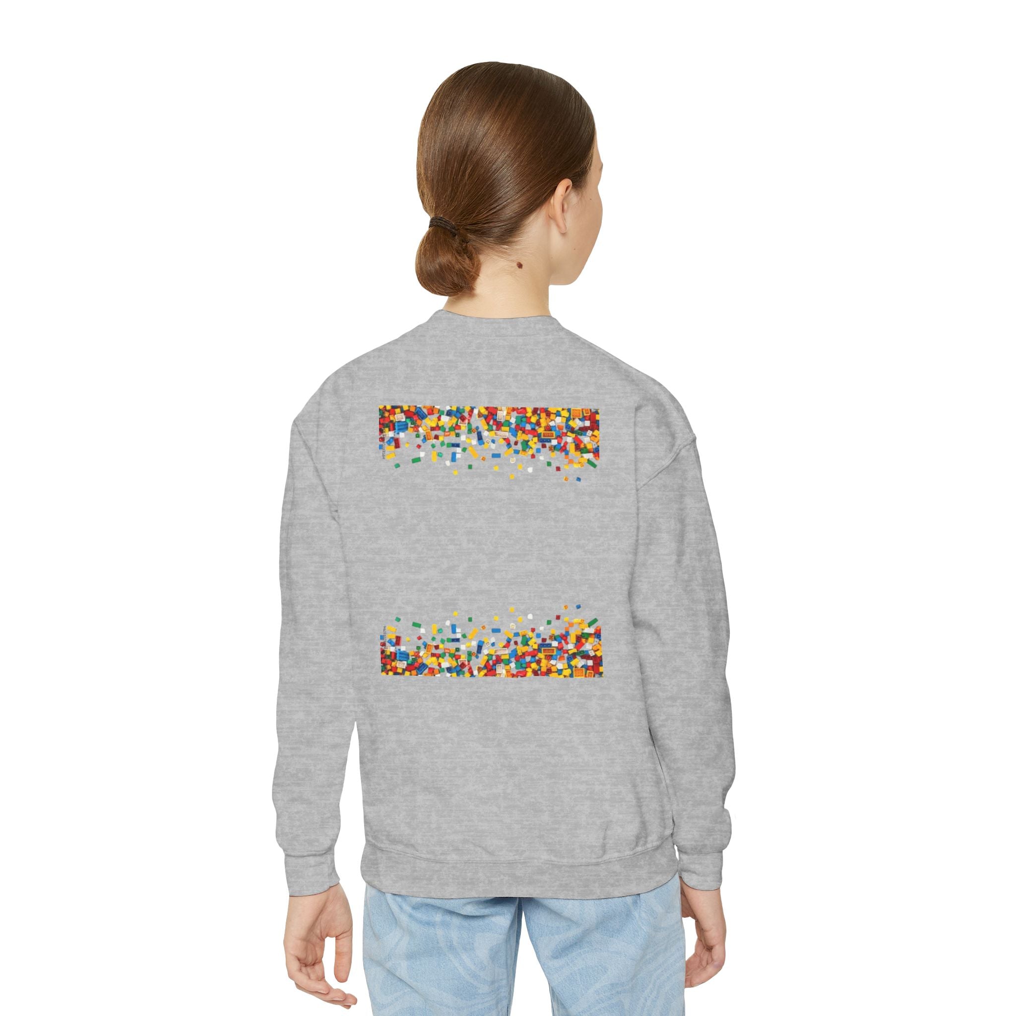 LEGO-Inspired Youth Crewneck Sweatshirt – Colorful Brick Confetti Graphic