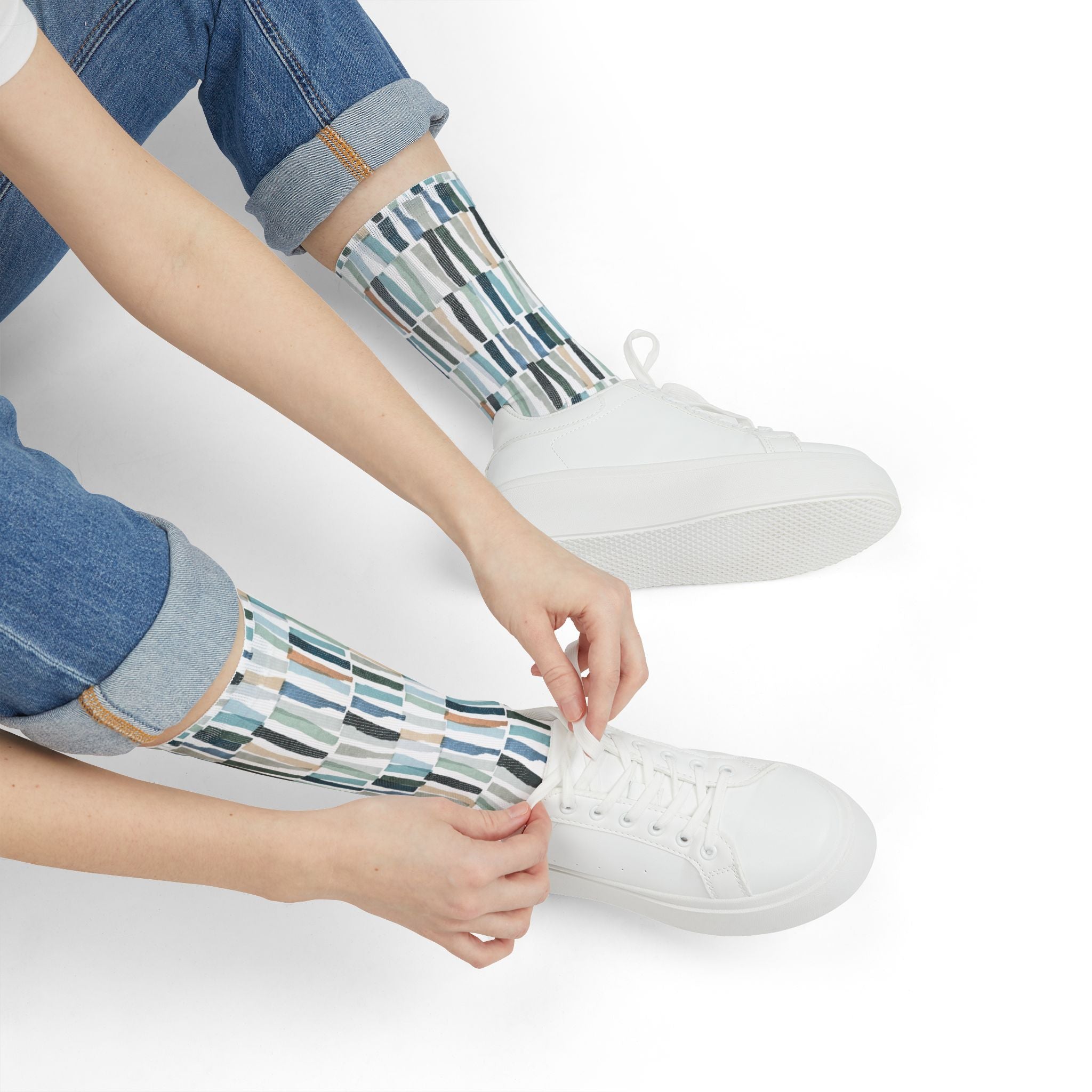 Abstract Watercolor Tile Crew Socks – Blue Geometric Sublimation Socks