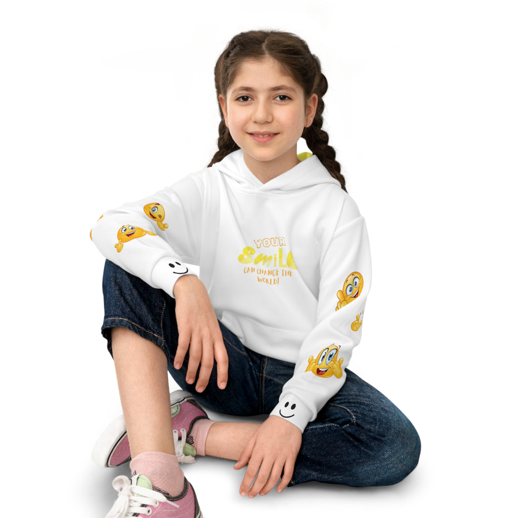 Kids Hoodie — Yellow Smiley Face Graphic "Wear a Smile"