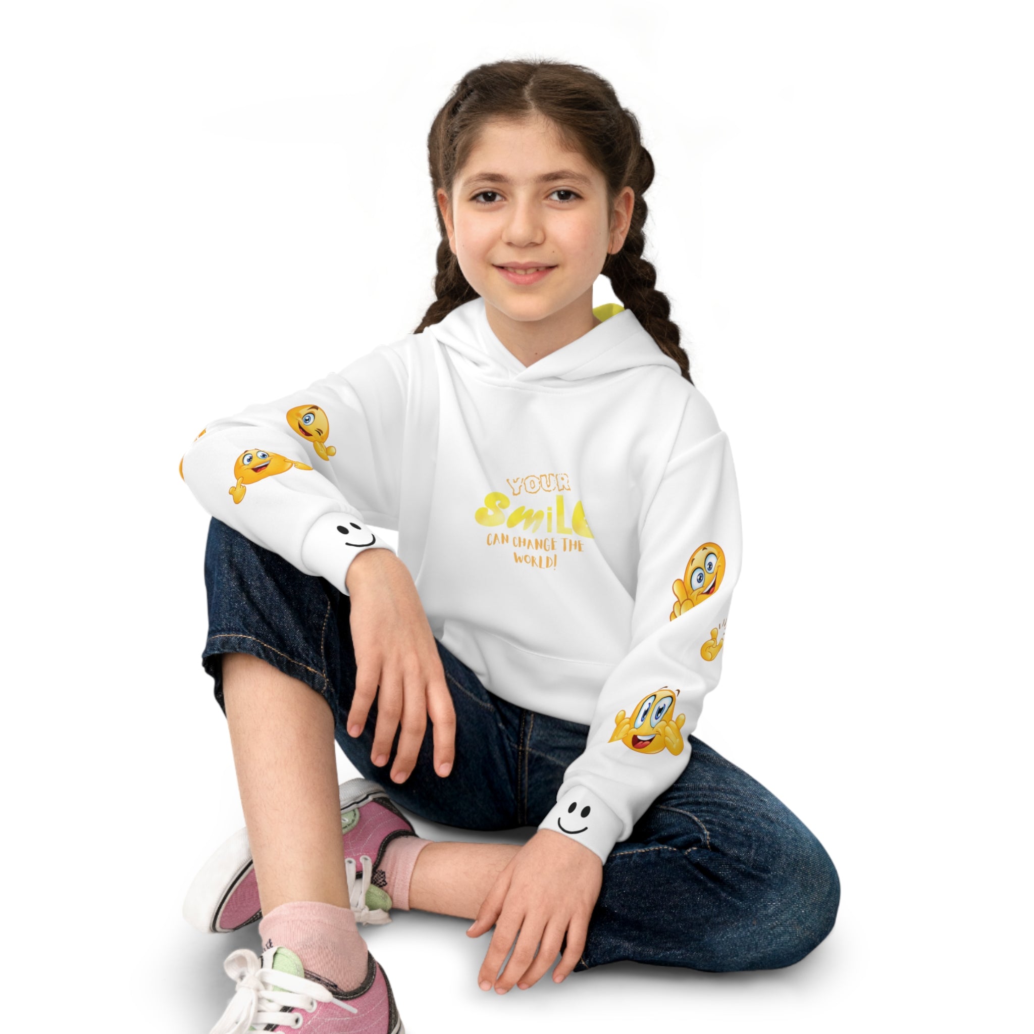 Kids Hoodie — Yellow Smiley Face Graphic "Wear a Smile"