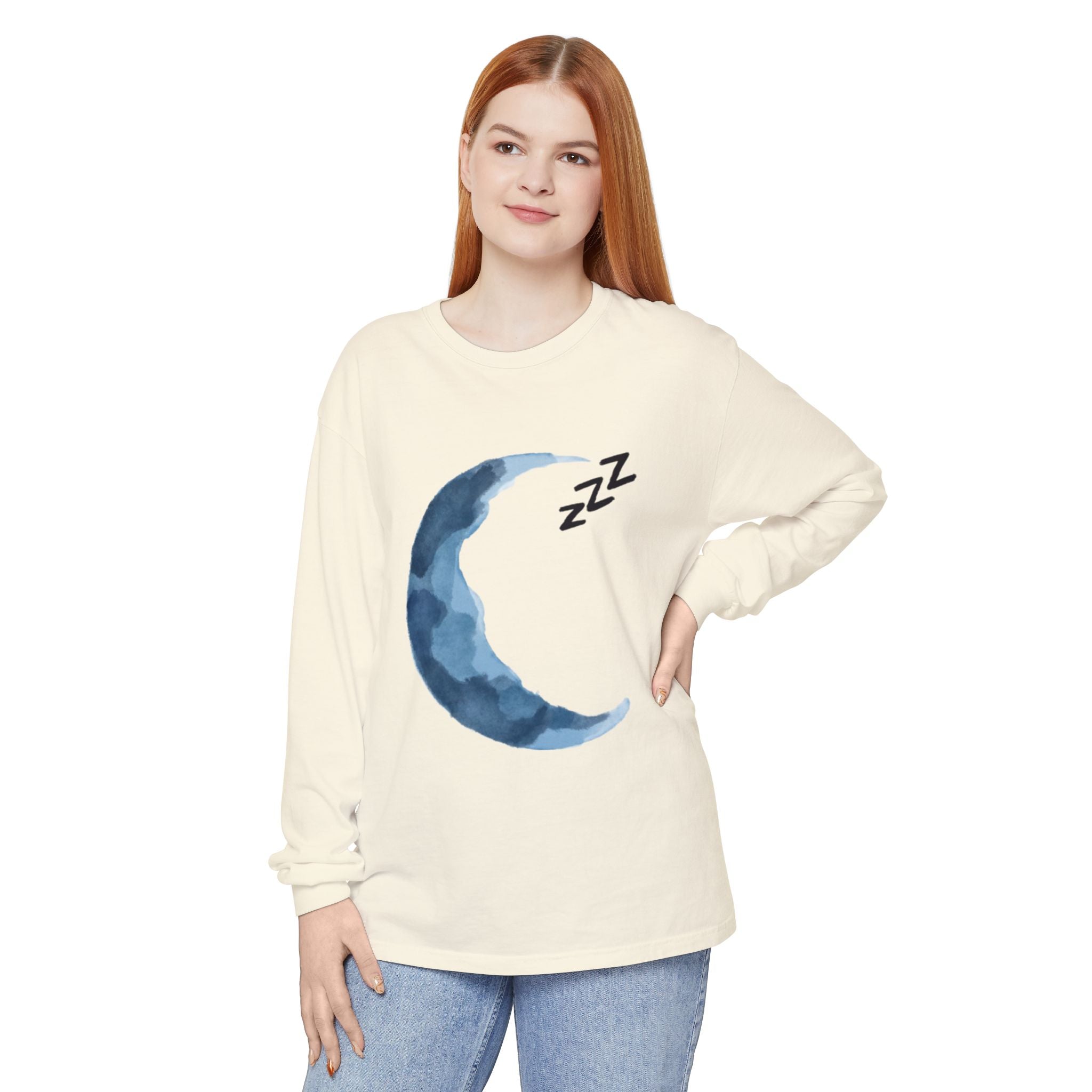 Unisex Dreamy Long Sleeve Tee, Sleep Shirt, Cozy Layer, Nightwear, Sweet Dreams, Moon Design, Relaxation Apparel
