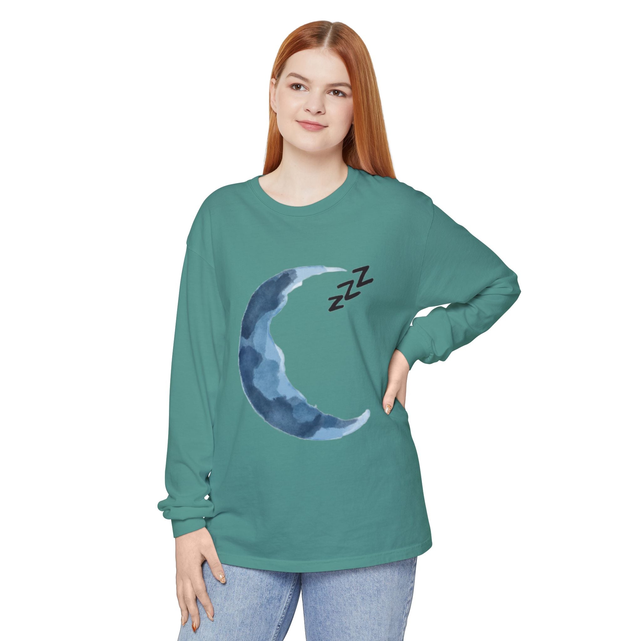 Unisex Dreamy Long Sleeve Tee, Sleep Shirt, Cozy Layer, Nightwear, Sweet Dreams, Moon Design, Relaxation Apparel