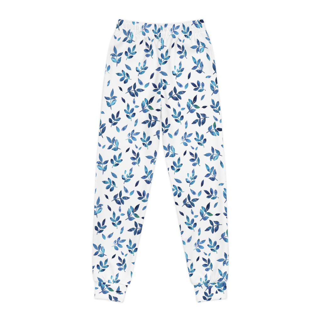 Blue Watercolor Leaf Youth Joggers — Kids All-Over Print Cozy Sweatpants