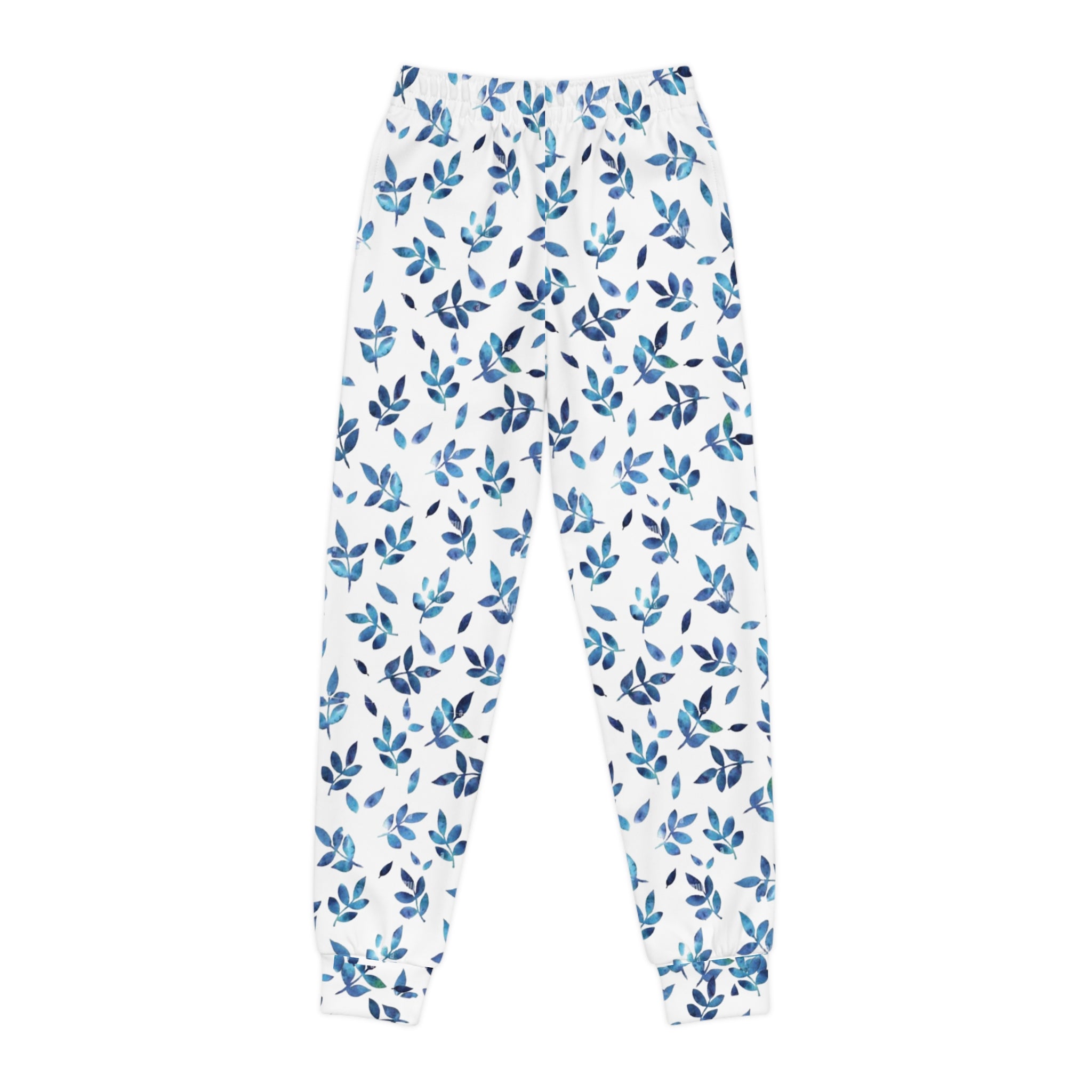 Blue Watercolor Leaf Youth Joggers — Kids All-Over Print Cozy Sweatpants