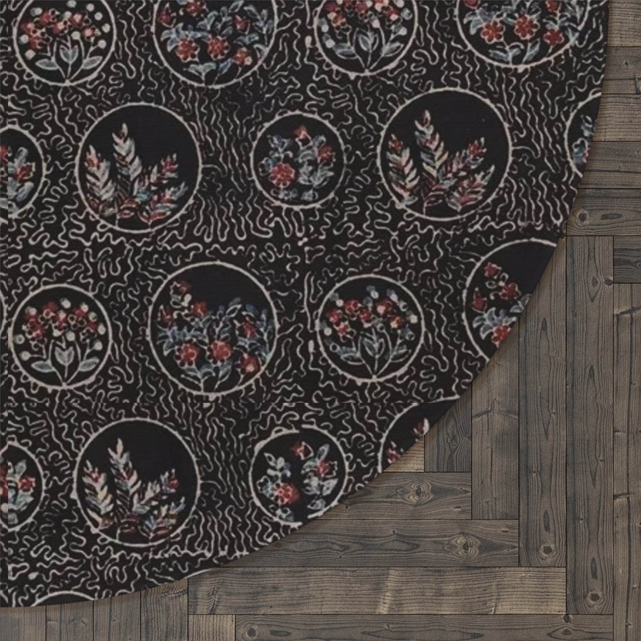 Boho Floral Medallion Round Rug — Dark Vintage Circle Area Rug