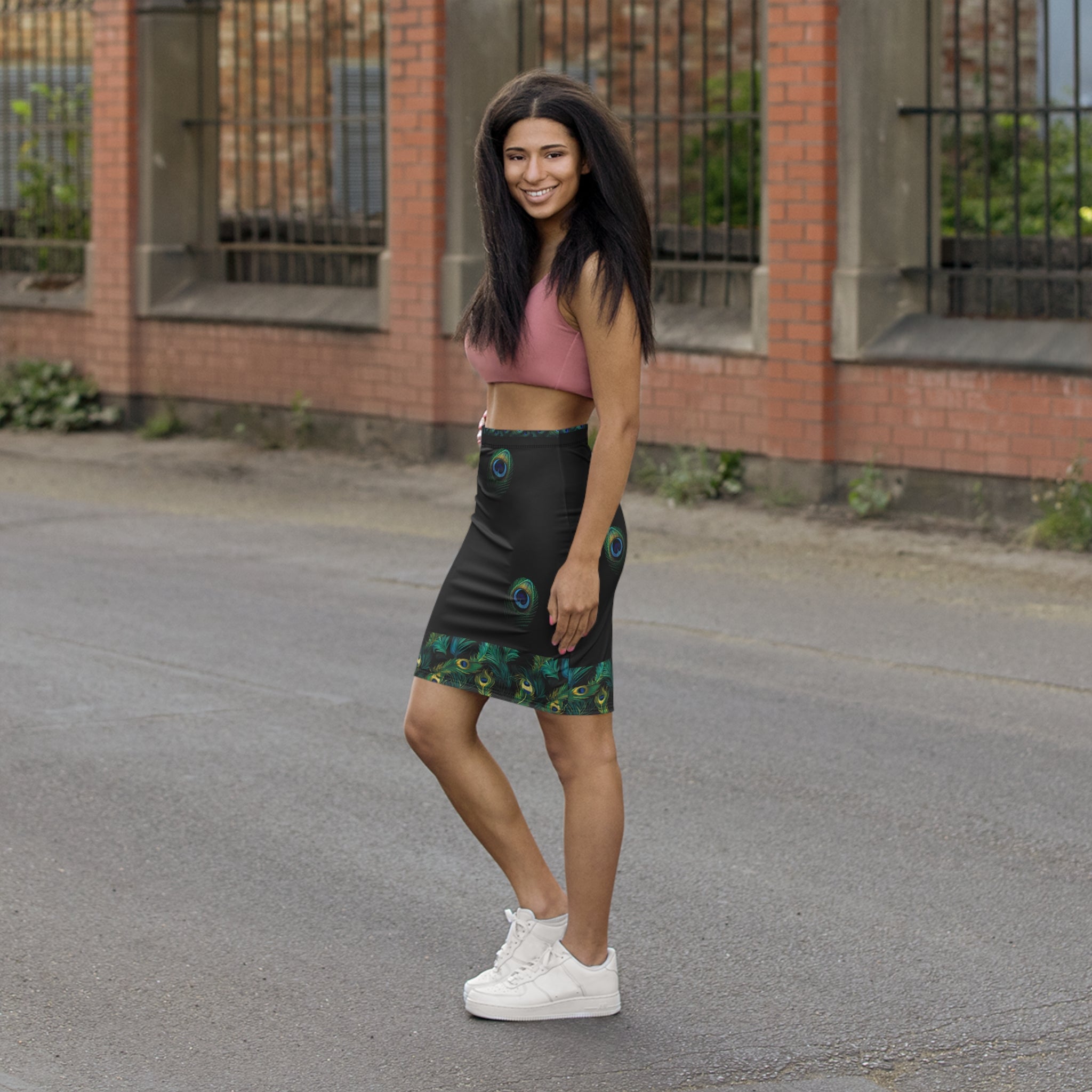 Peacock Print Mid-Waist Pencil Skirt, Elegant Pencil Skirt, Stylish Office Wear, Fashionable Skirt, Trendy Midi Skirt, Unique Gift Idea