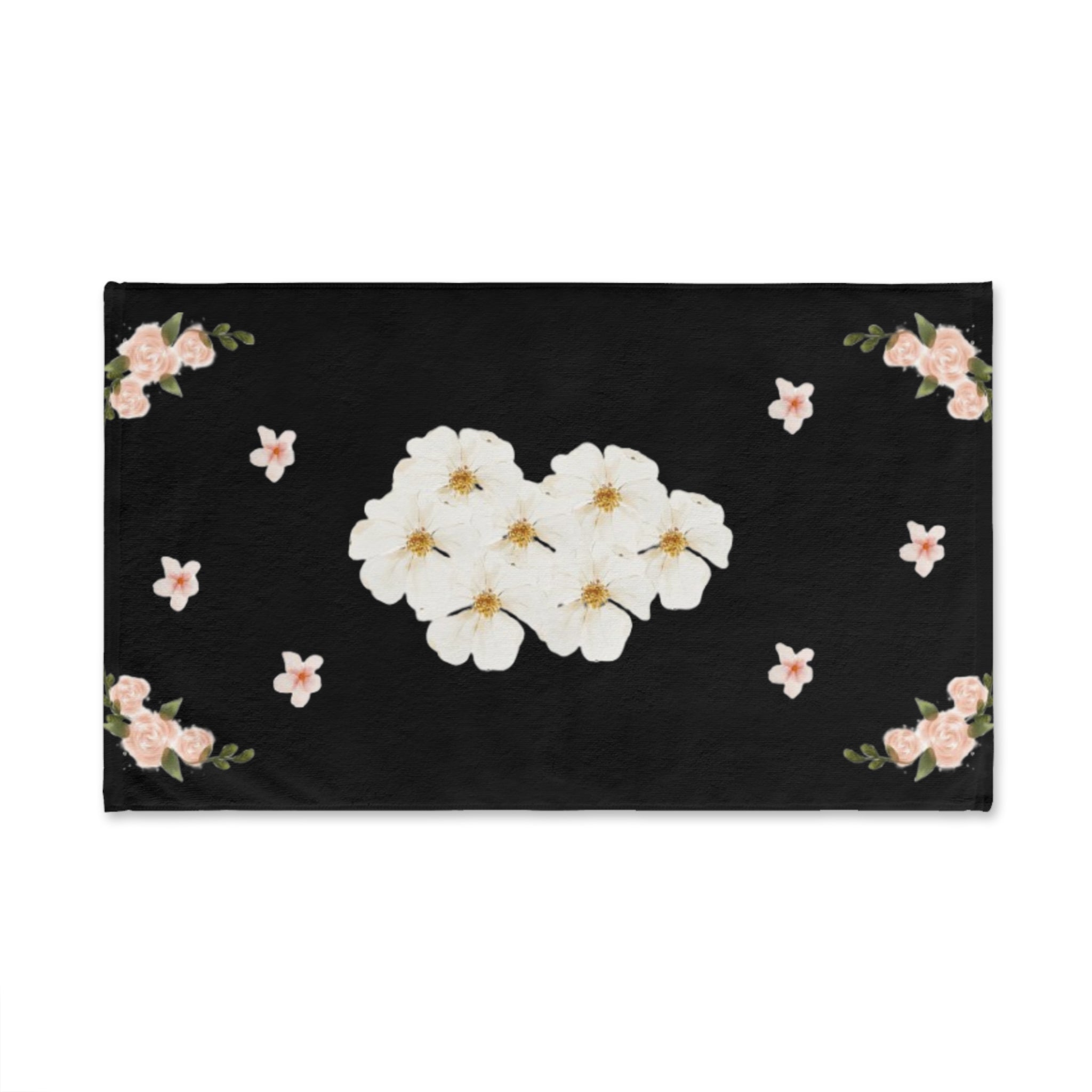 Floral White Blossoms Hand Towel — Elegant Black Botanical Kitchen & Bath Accent