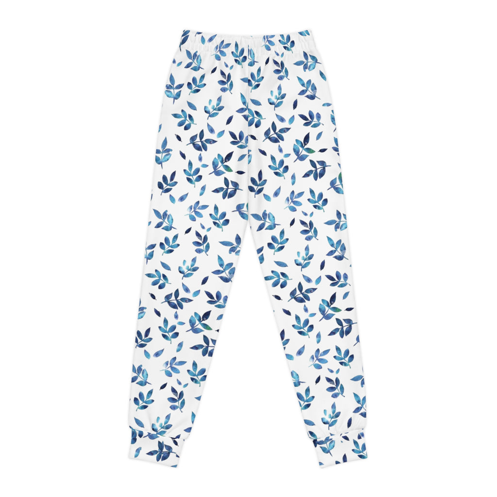 Blue Watercolor Leaf Youth Joggers — Kids All-Over Print Cozy Sweatpants
