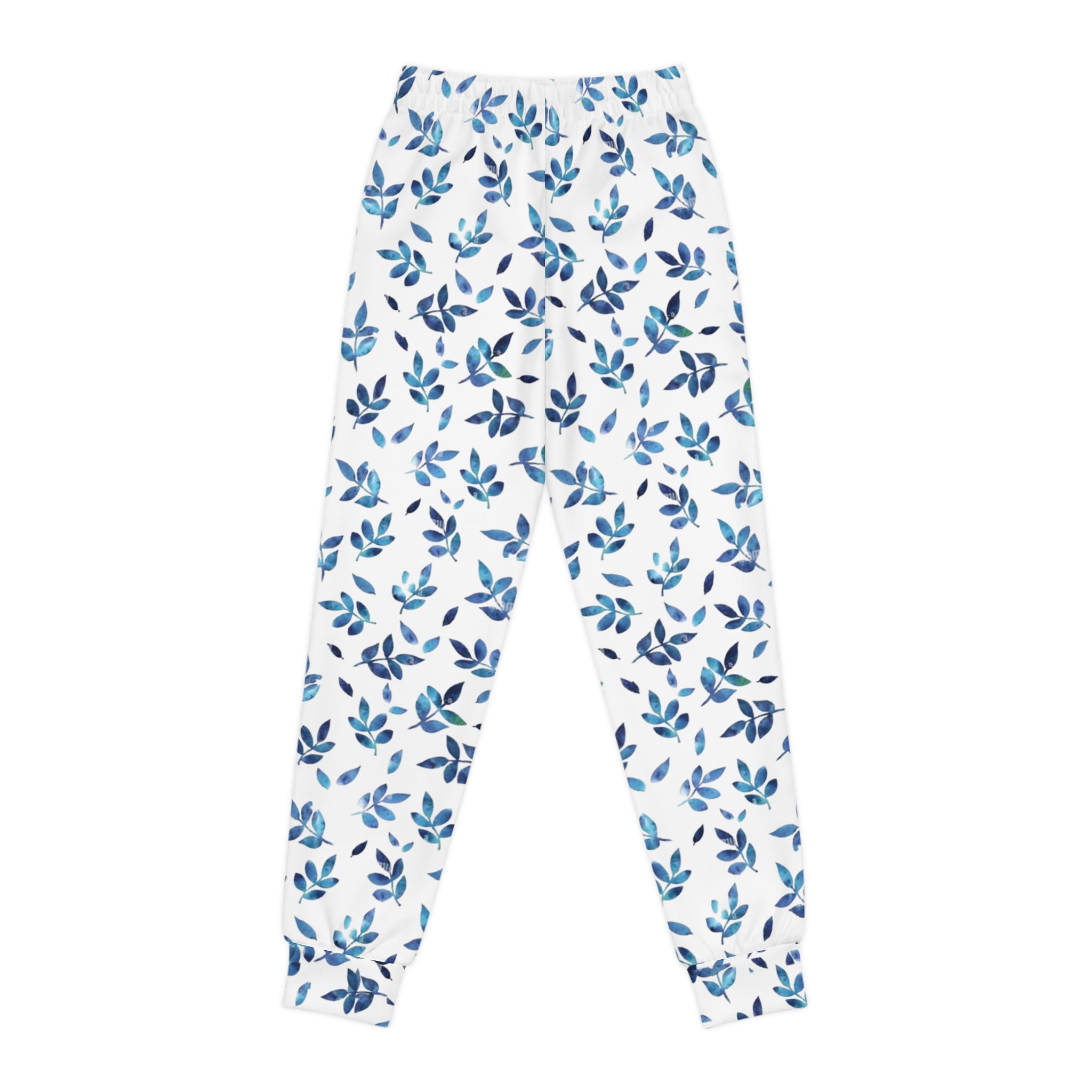 Blue Watercolor Leaf Youth Joggers — Kids All-Over Print Cozy Sweatpants