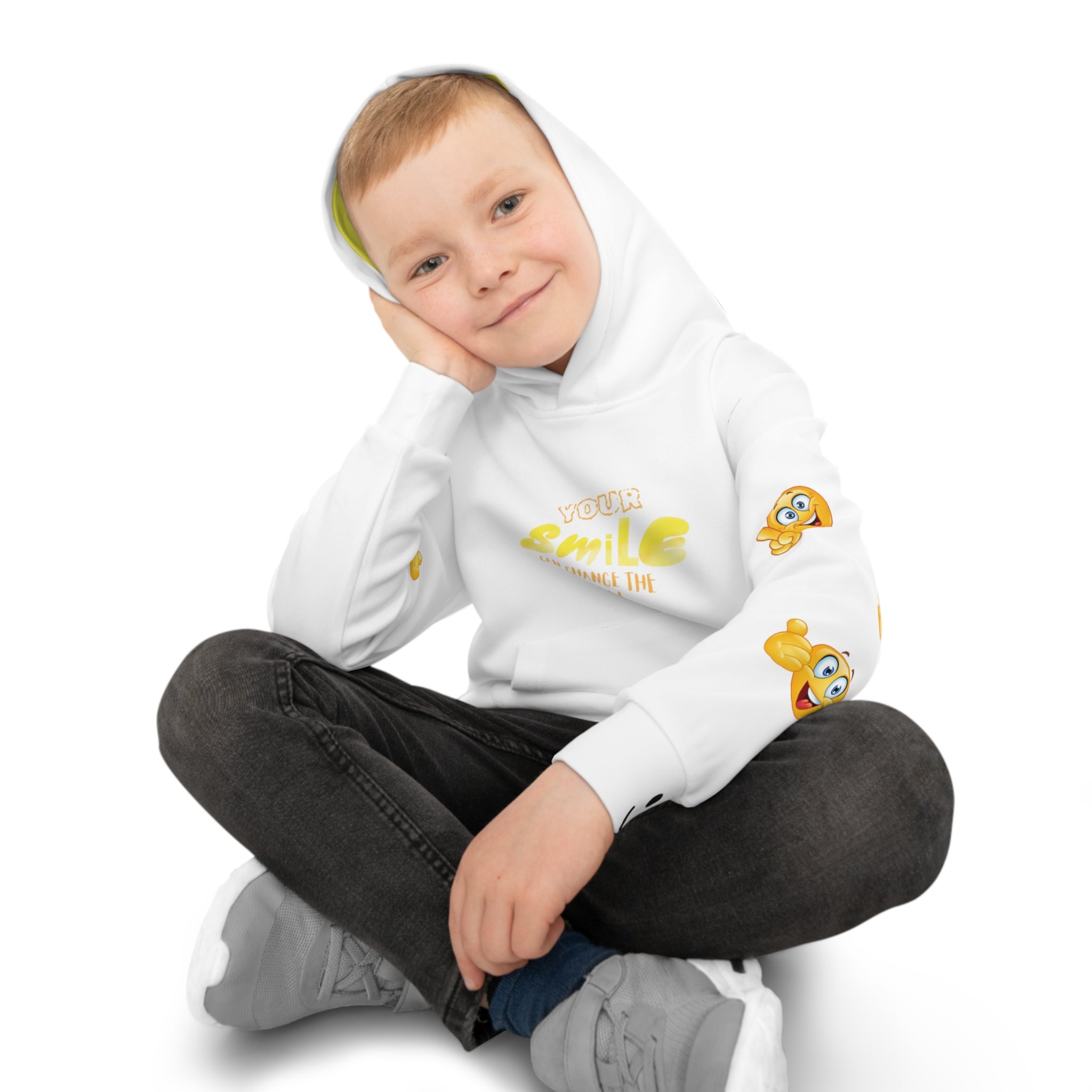 Kids Hoodie — Yellow Smiley Face Graphic "Wear a Smile"