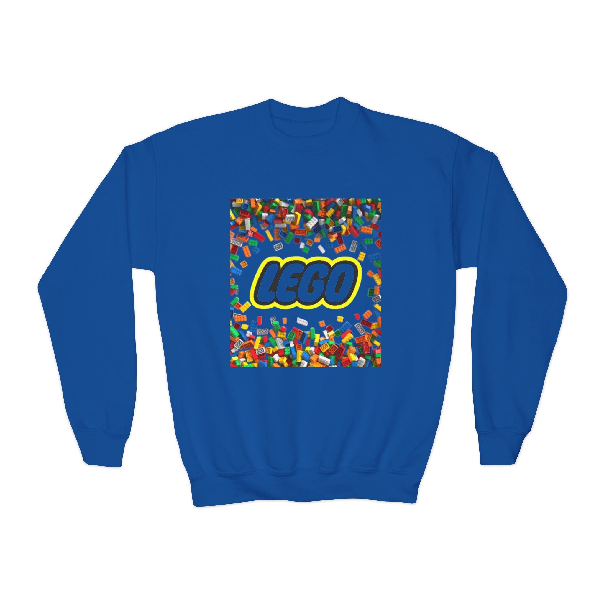 LEGO-Inspired Youth Crewneck Sweatshirt – Colorful Brick Confetti Graphic