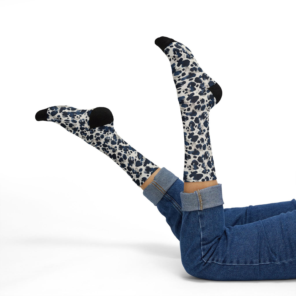 Blue Leopard Print Sublimation Socks — Trendy Animal Print Crew Socks