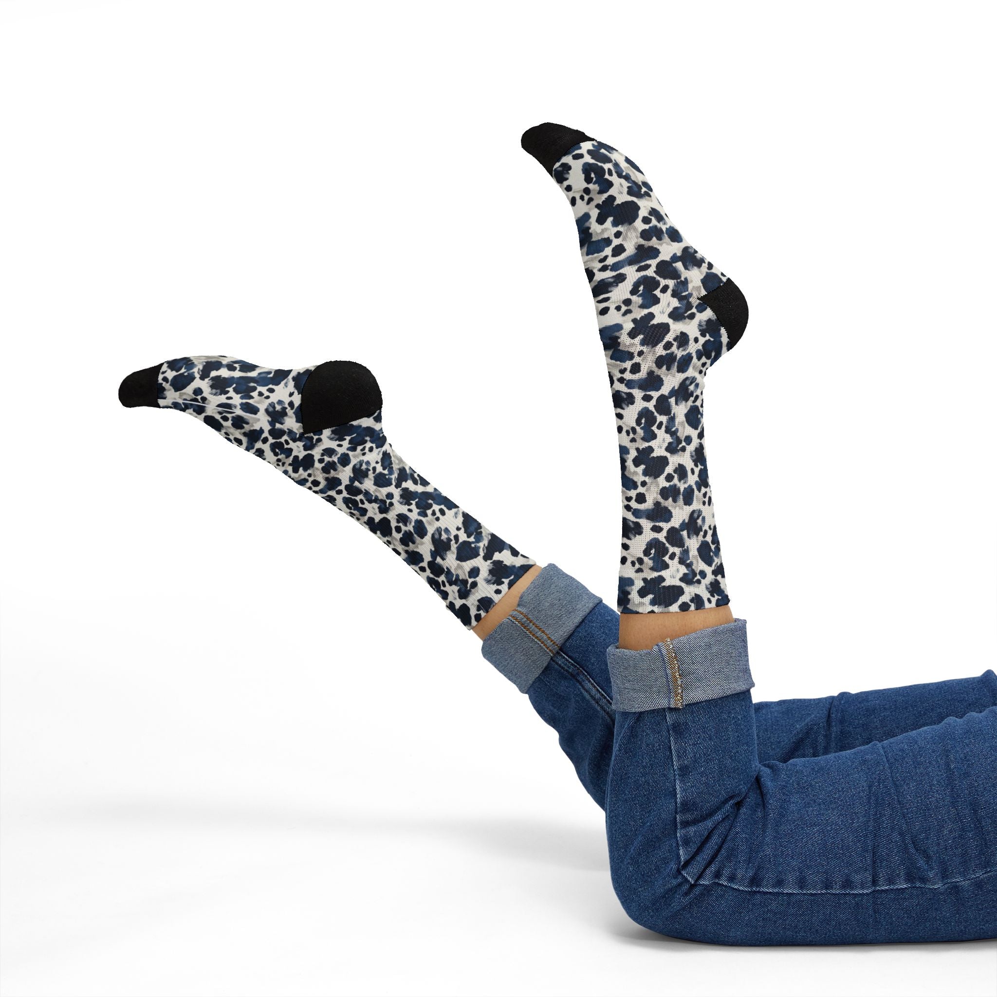 Blue Leopard Print Sublimation Socks — Trendy Animal Print Crew Socks