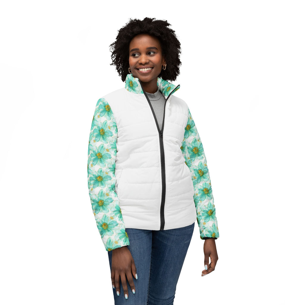 Floral Green Daisy Women’s Puffer Jacket — Lightweight Reversible Winter Coat