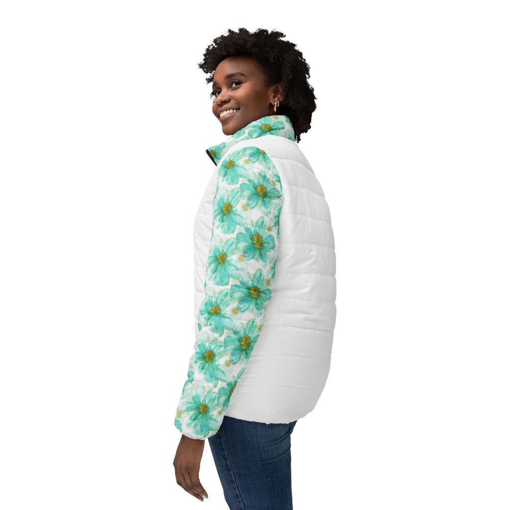 Floral Green Daisy Women’s Puffer Jacket — Lightweight Reversible Winter Coat