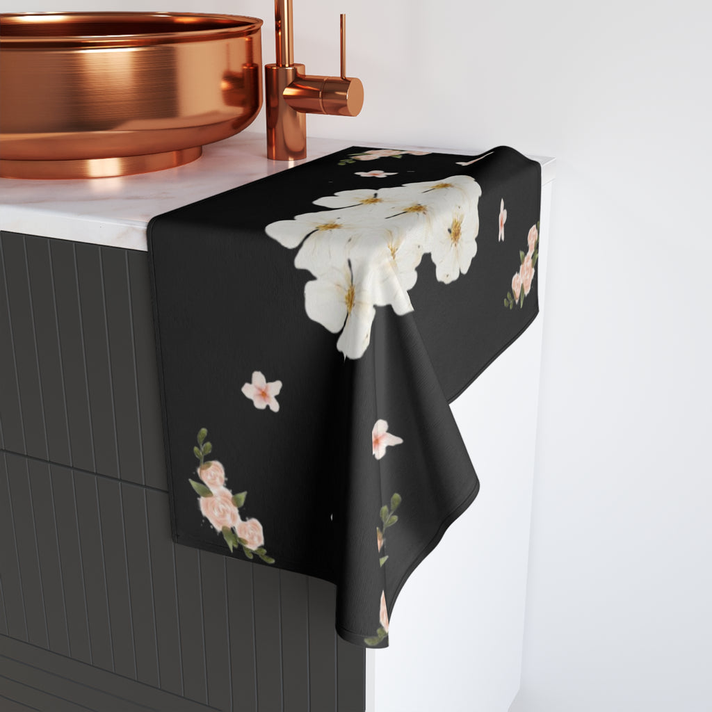 Floral White Blossoms Hand Towel — Elegant Black Botanical Kitchen & Bath Accent