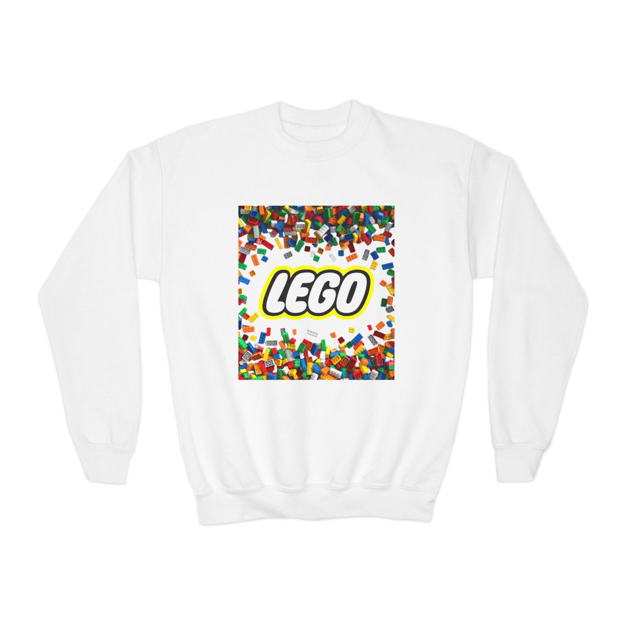 LEGO-Inspired Youth Crewneck Sweatshirt – Colorful Brick Confetti Graphic