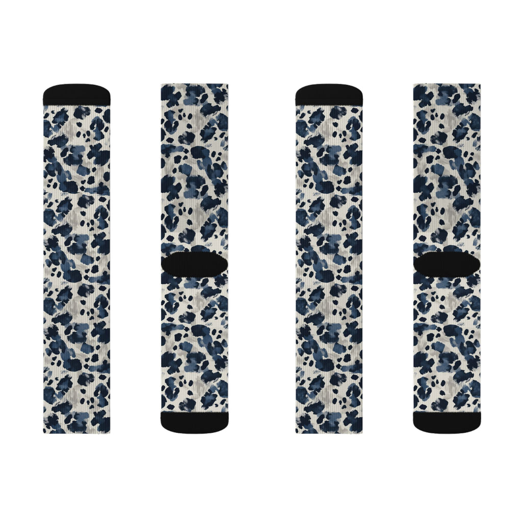 Blue Leopard Print Sublimation Socks — Trendy Animal Print Crew Socks