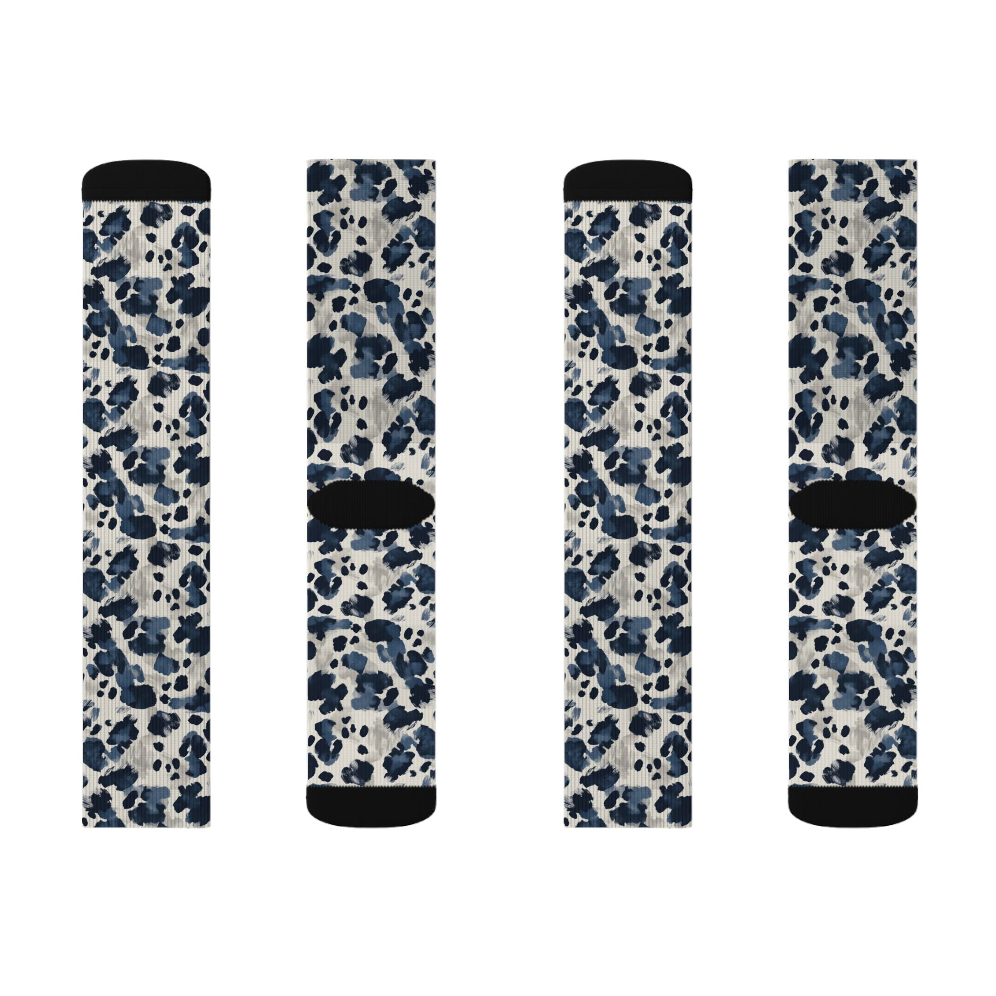 Blue Leopard Print Sublimation Socks — Trendy Animal Print Crew Socks