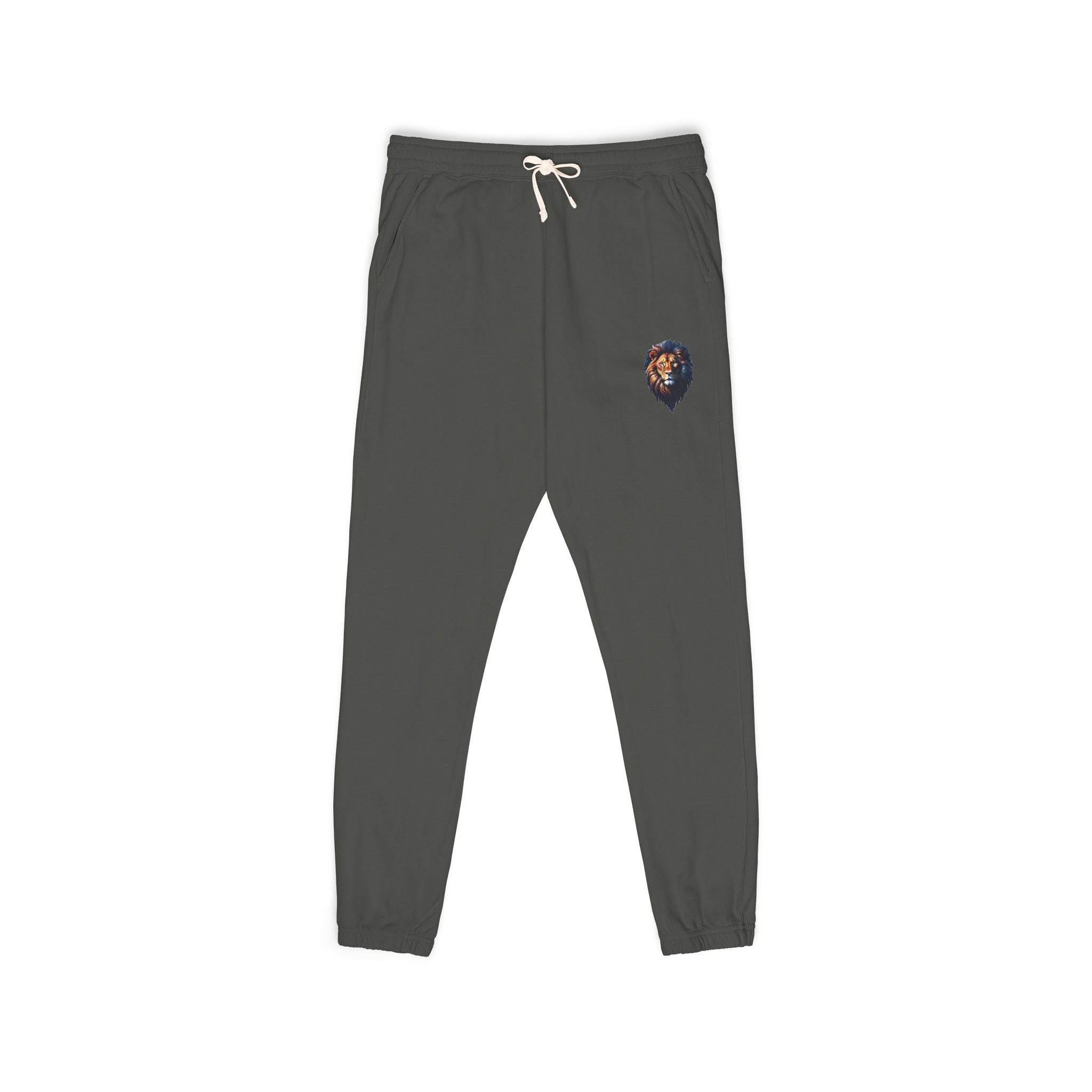 Lion Design Garment-Dyed Fleece Sweatpants, Stylish Lounge Pants, Cozy Athleisure Bottoms, Gift for Animal Lovers, Casual Wear