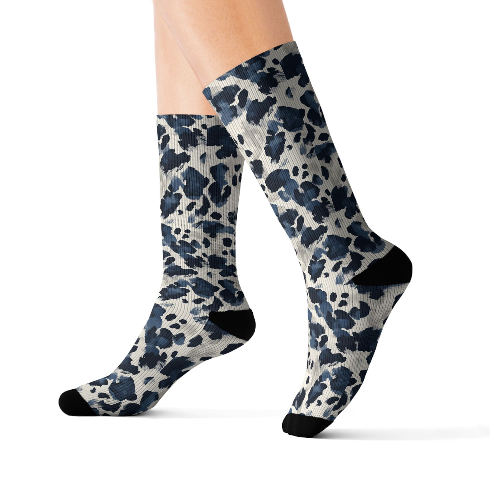 Blue Leopard Print Sublimation Socks — Trendy Animal Print Crew Socks