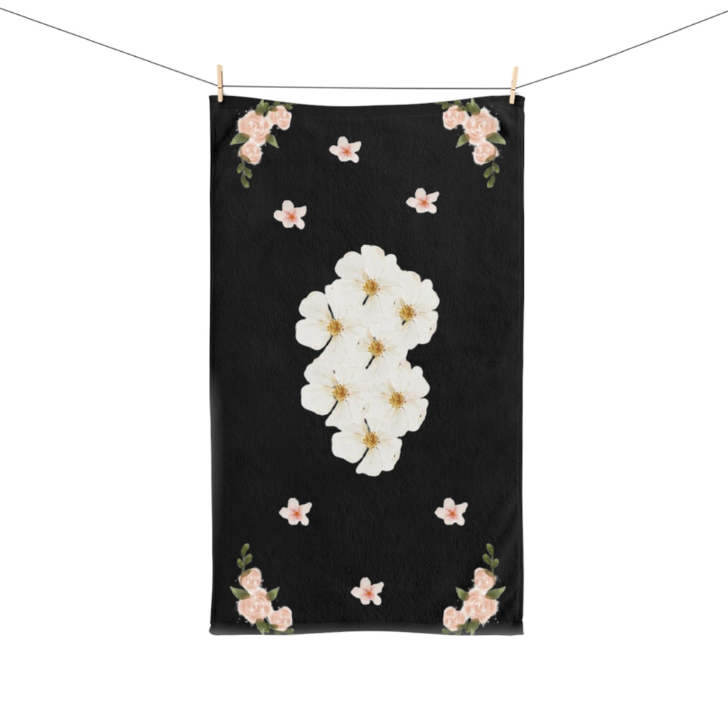 Floral White Blossoms Hand Towel — Elegant Black Botanical Kitchen & Bath Accent