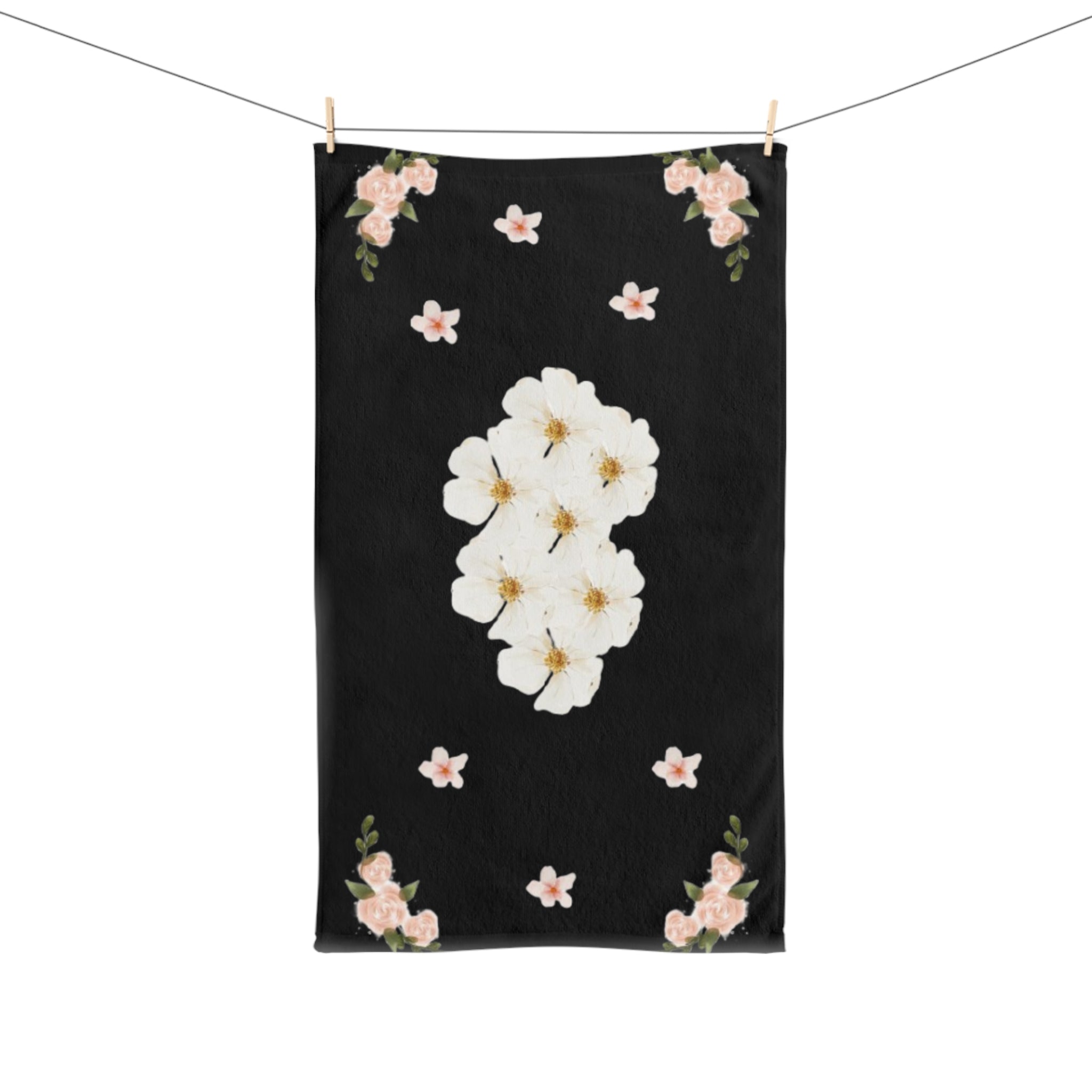 Floral White Blossoms Hand Towel — Elegant Black Botanical Kitchen & Bath Accent