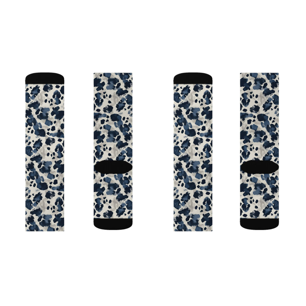 Blue Leopard Print Sublimation Socks — Trendy Animal Print Crew Socks