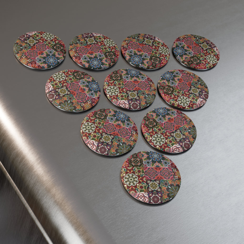 Boho Mosaic Round Magnet — Colorful Patchwork Floral Button Magnet