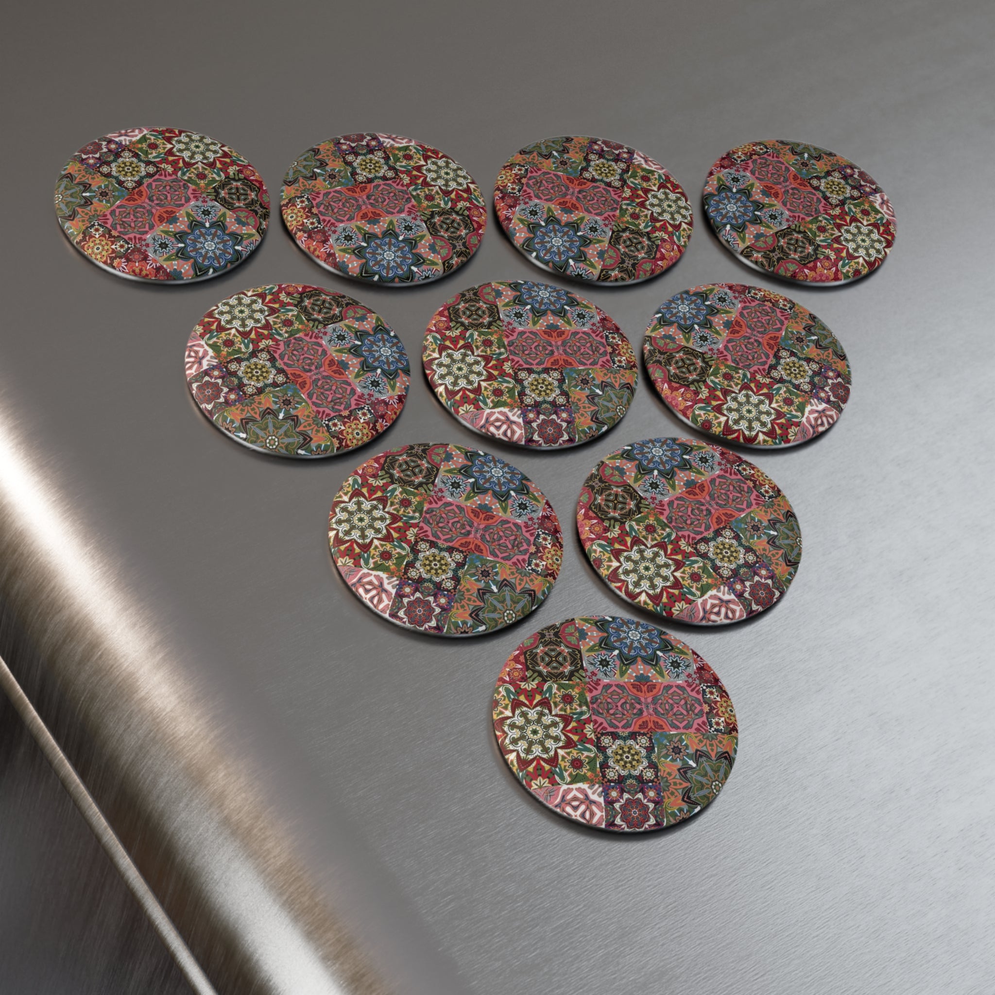 Boho Mosaic Round Magnet — Colorful Patchwork Floral Button Magnet