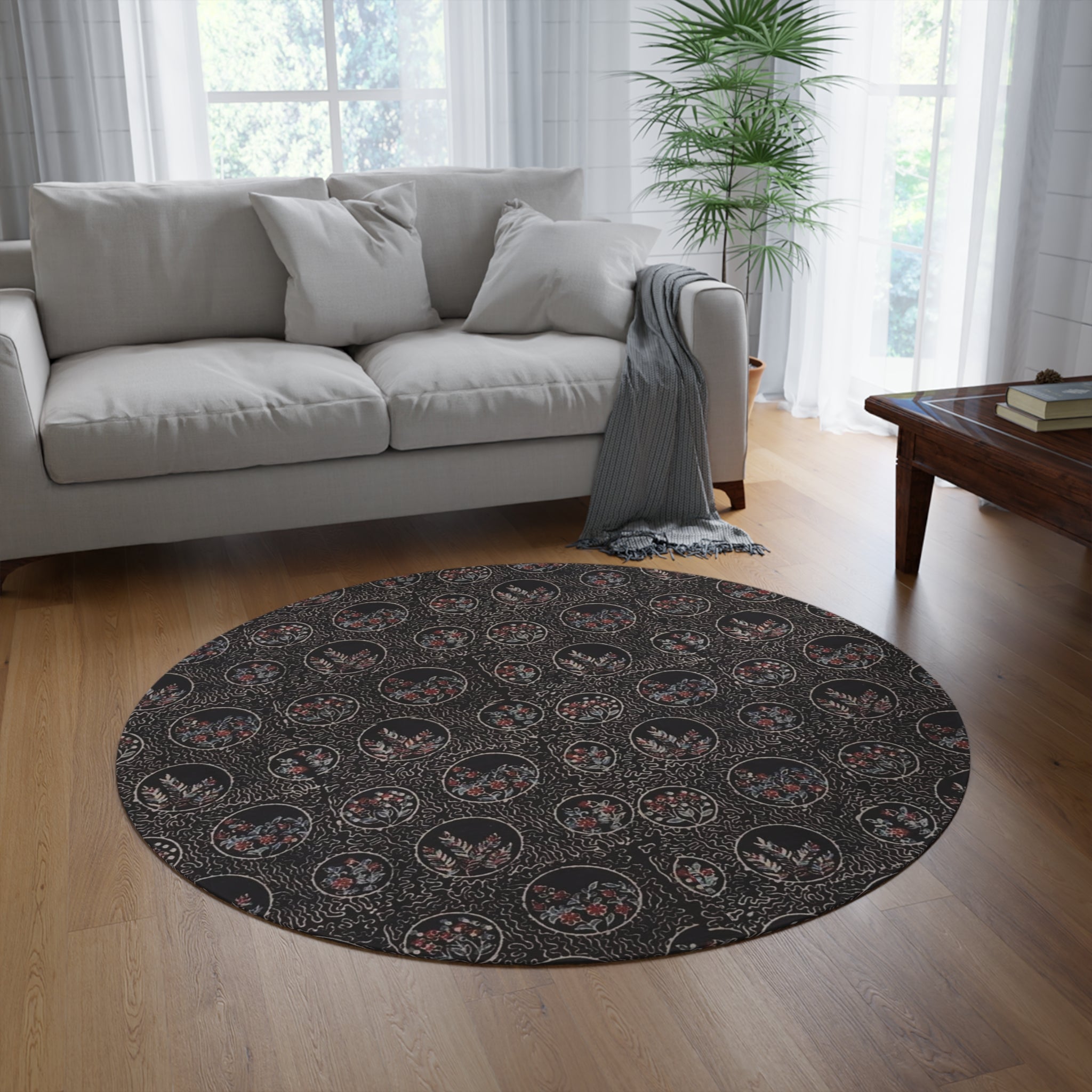 Boho Floral Medallion Round Rug — Dark Vintage Circle Area Rug