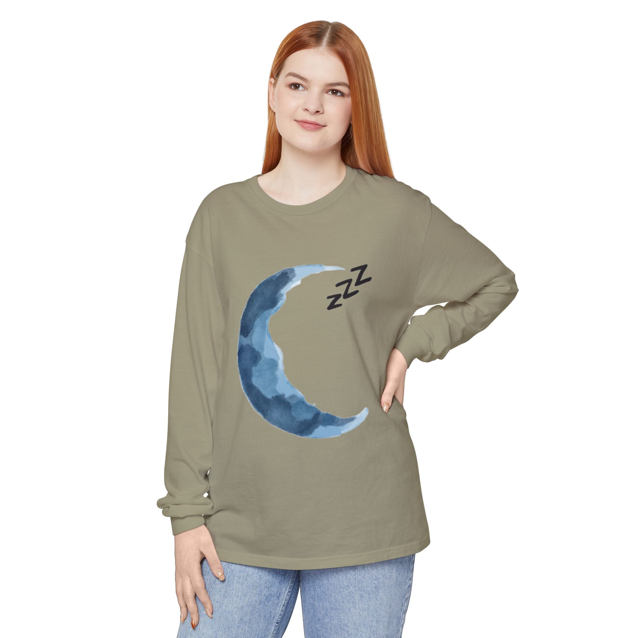Unisex Dreamy Long Sleeve Tee, Sleep Shirt, Cozy Layer, Nightwear, Sweet Dreams, Moon Design, Relaxation Apparel