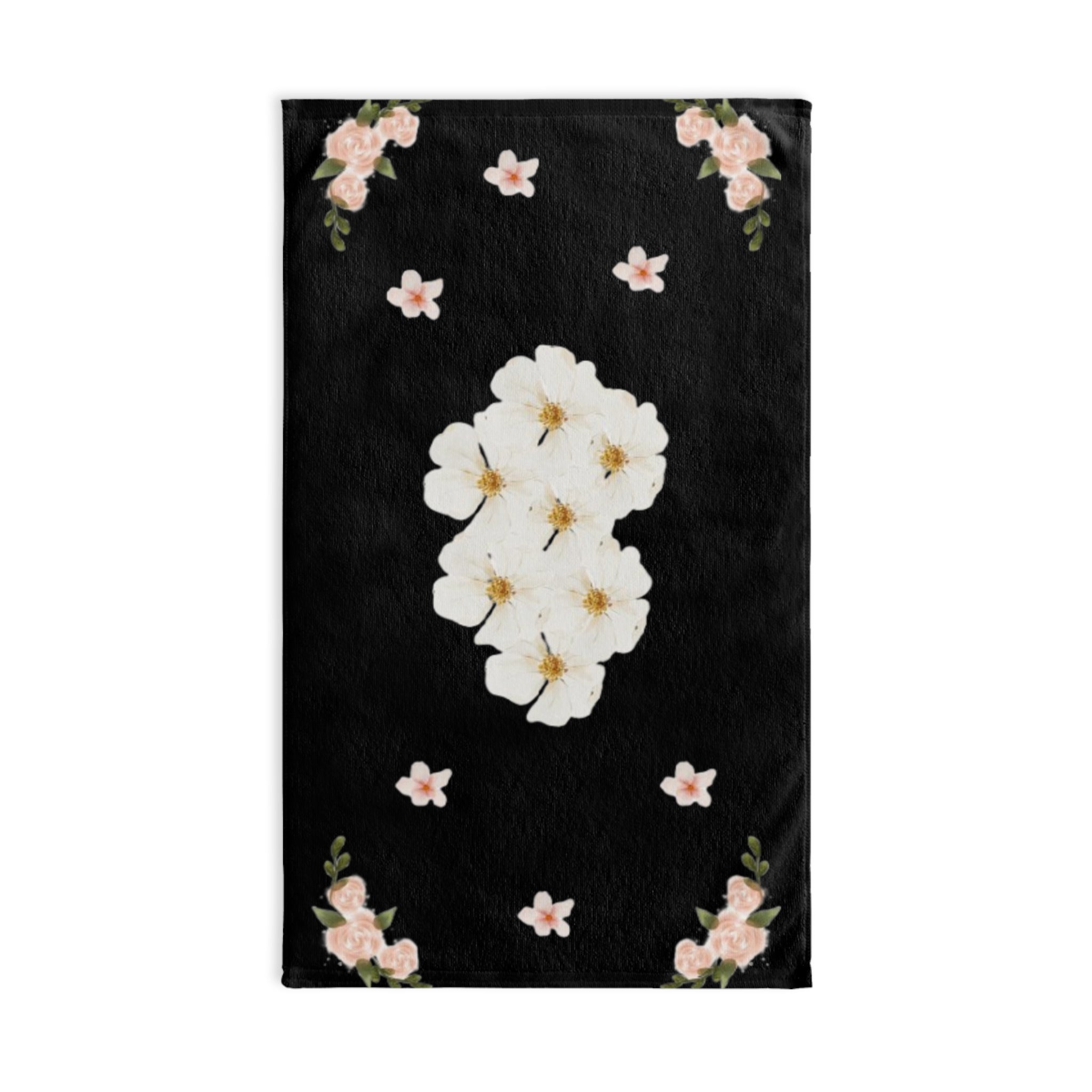 Floral White Blossoms Hand Towel — Elegant Black Botanical Kitchen & Bath Accent