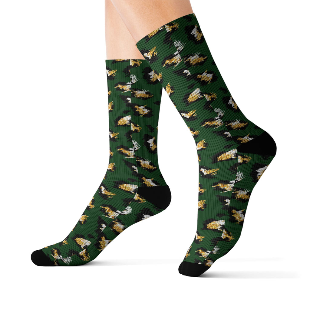 Green Camo Leopard Sublimation Socks – Trendy Animal Print Crew Socks