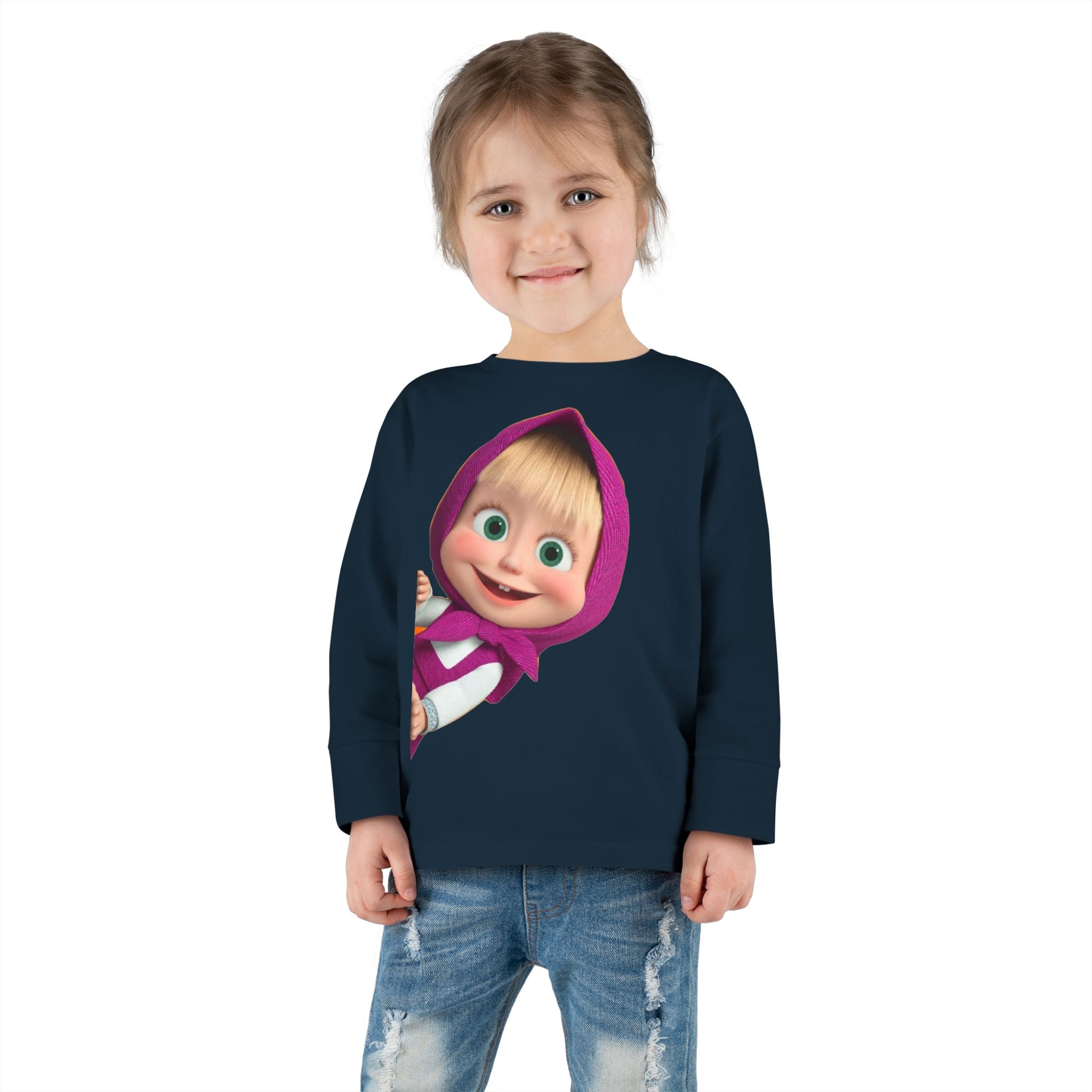 Toddler Long Sleeve Tee — Cute Peeking Cartoon Girl Graphic