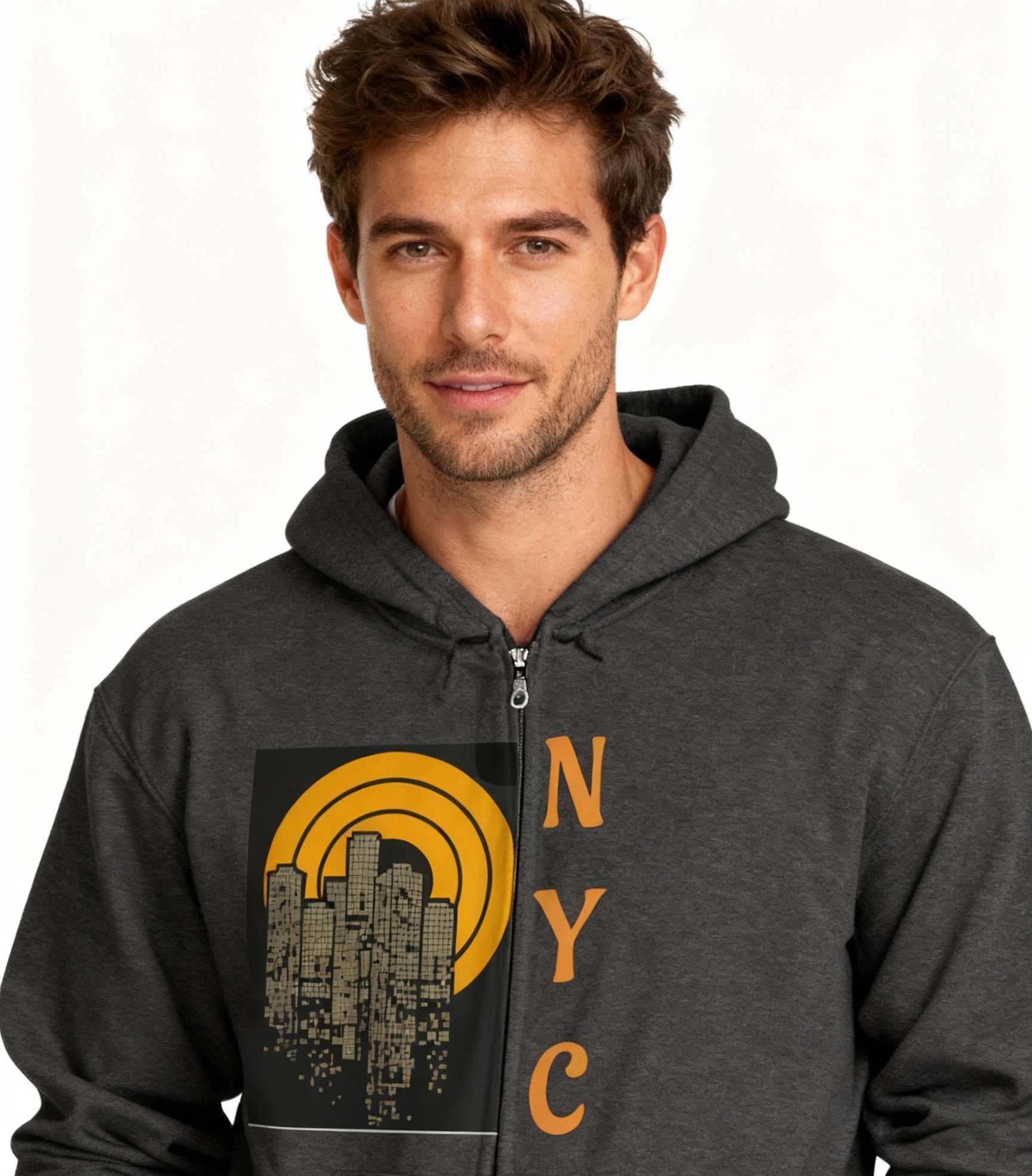 NYC Graphic Zip-Up Hoodie, Urban Fashion, Gift for City Lovers, Cozy Outerwear for Fall, Unisex Sweatshirt, Streetwear Essentials