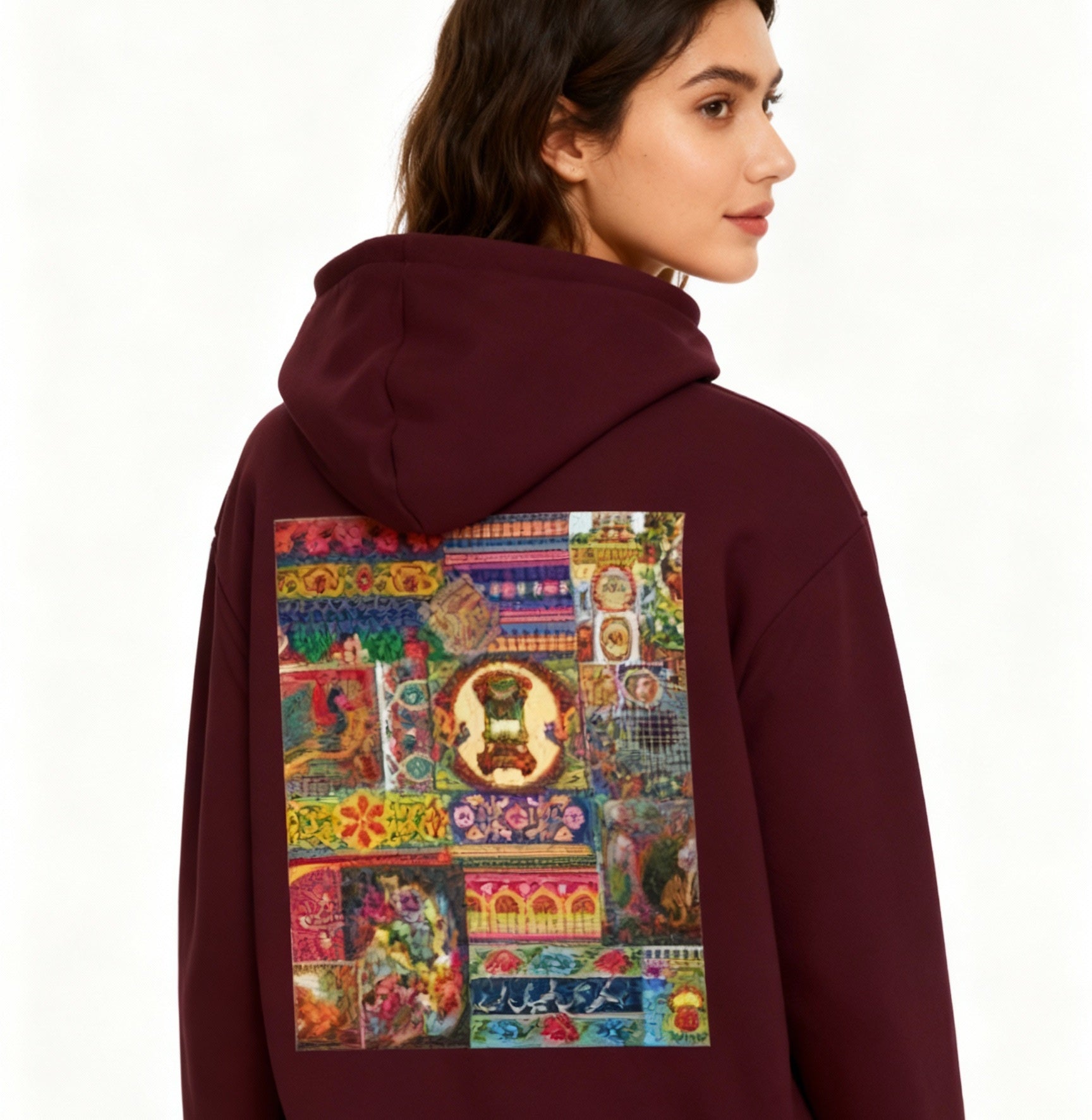 Hoodie — Colorful Folk Art Patchwork Hoodie (Front Stripe & Back Panel)