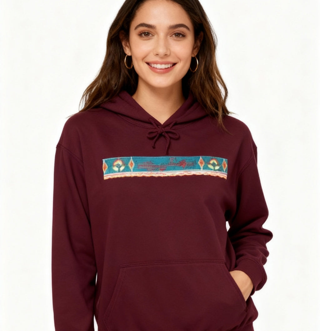 Hoodie — Colorful Folk Art Patchwork Hoodie (Front Stripe & Back Panel)