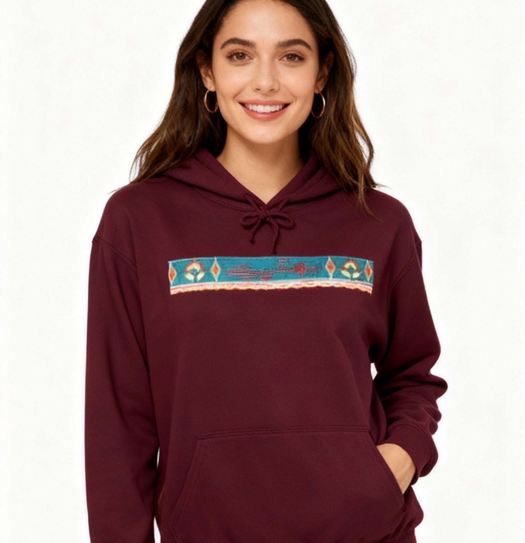 Hoodie — Colorful Folk Art Patchwork Hoodie (Front Stripe & Back Panel)