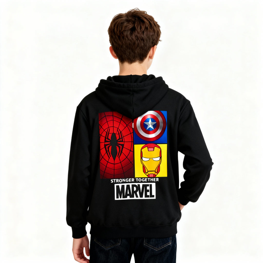 Marvel Heroes Youth Hoodie — "Stronger Together" Kids Sweatshirt (Spider-Man, Captain America, Iron Man)