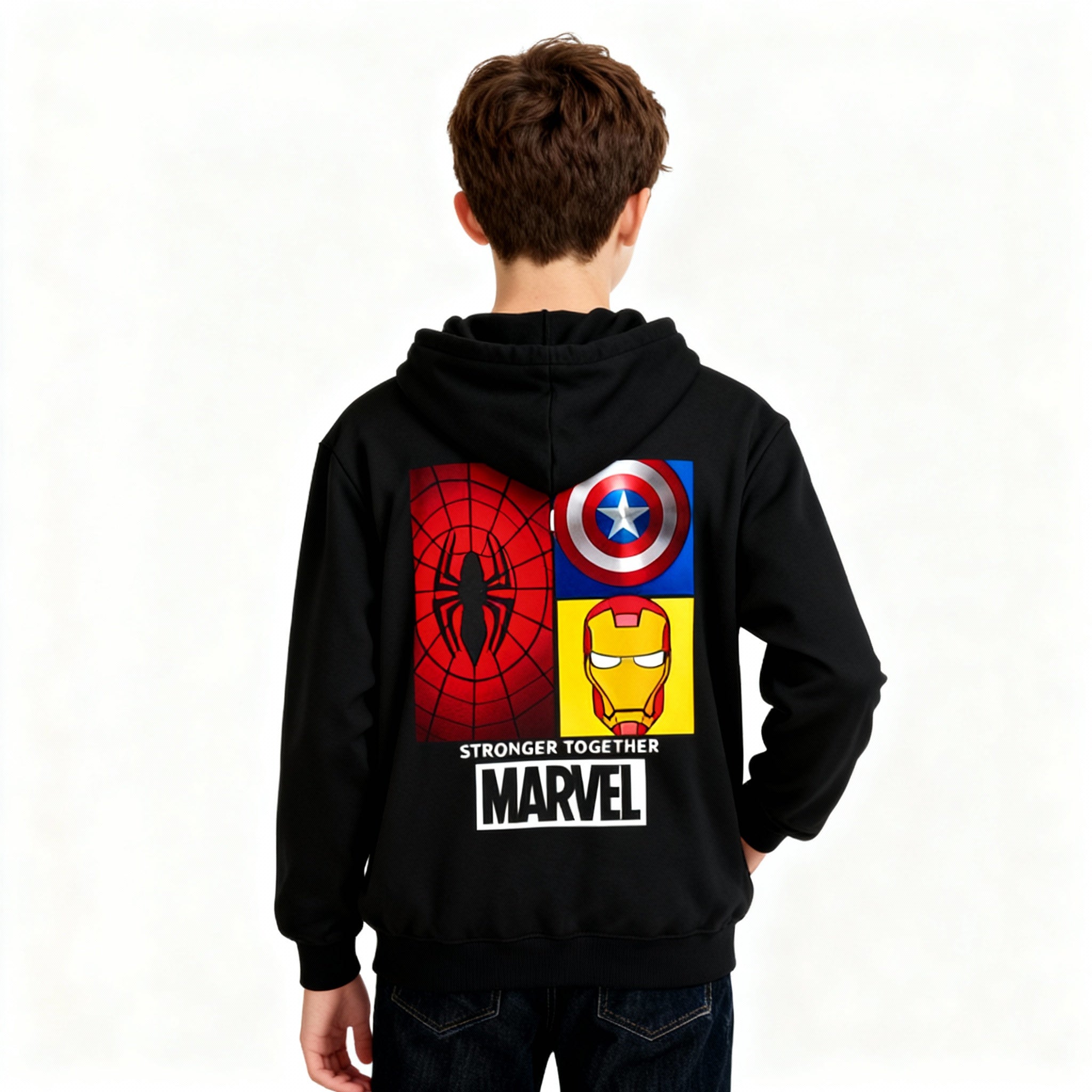 Marvel Heroes Youth Hoodie — "Stronger Together" Kids Sweatshirt (Spider-Man, Captain America, Iron Man)