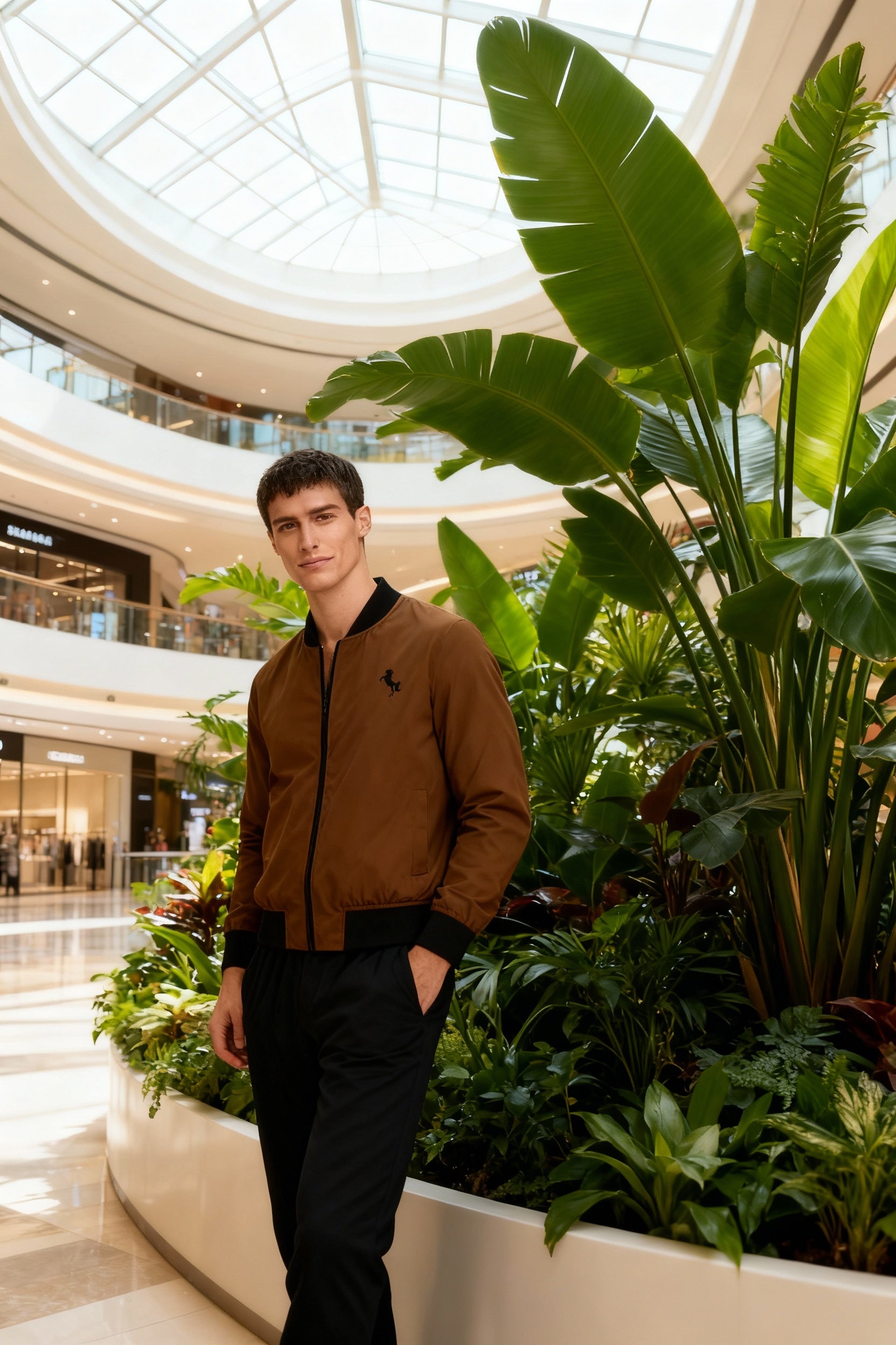 Brown Bomber Jacket for Men — Minimal Avocado Patch AOP