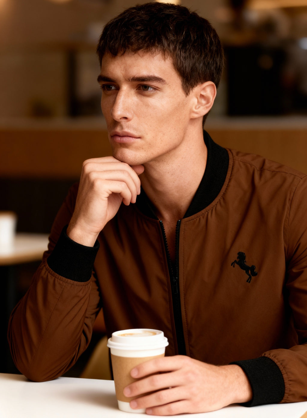 Brown Bomber Jacket for Men — Minimal Avocado Patch AOP