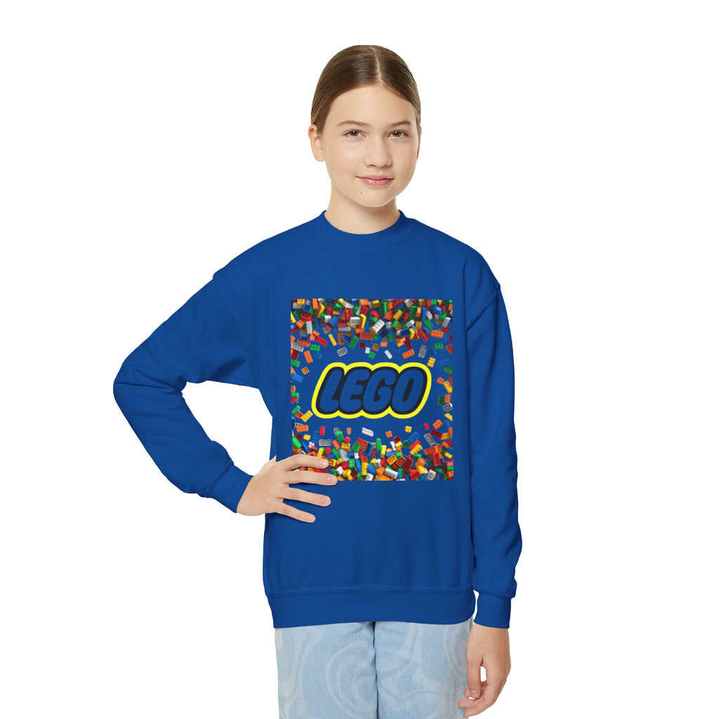 LEGO-Inspired Youth Crewneck Sweatshirt – Colorful Brick Confetti Graphic