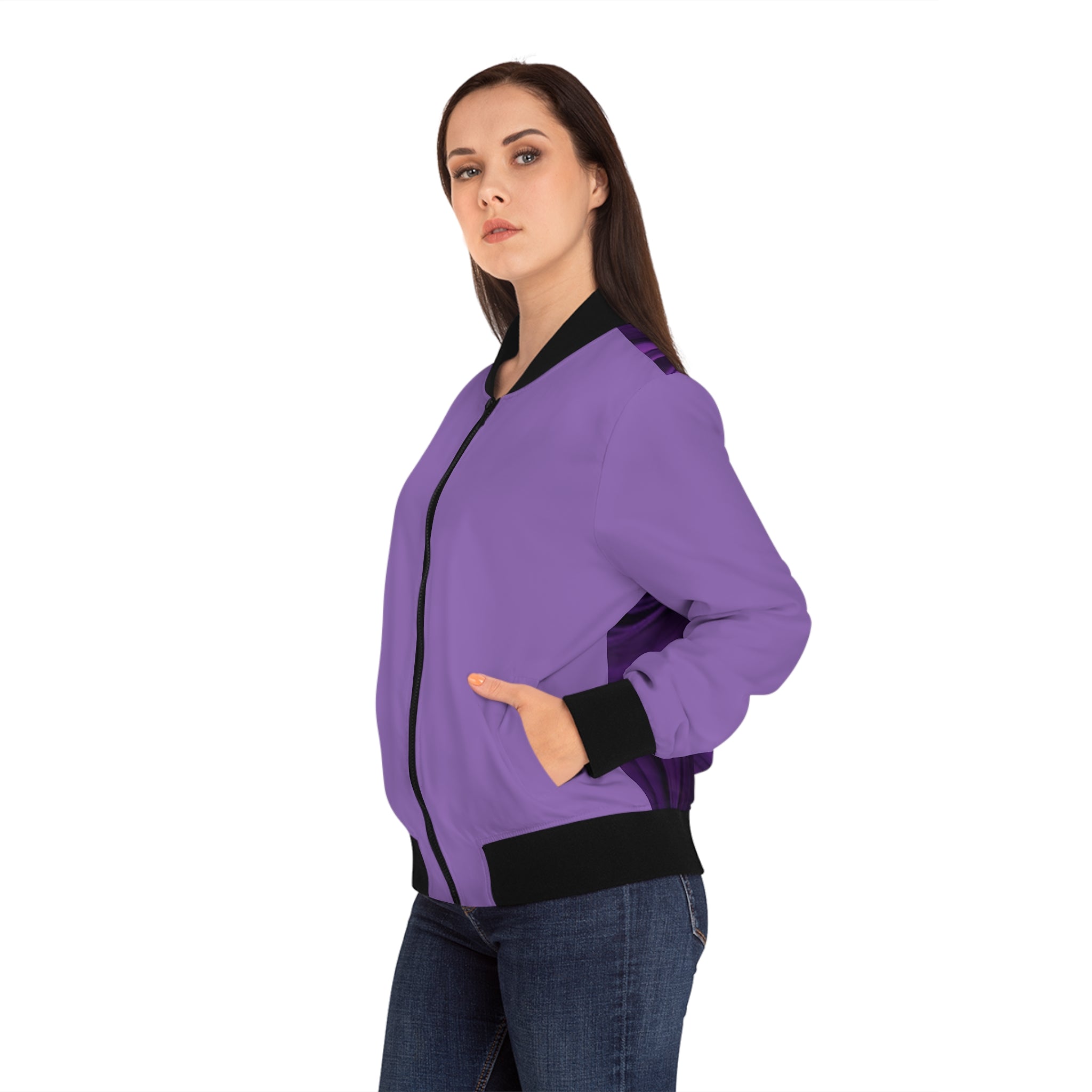 Purple Swirl Women's Bomber Jacket — All-Over Print Artistic Lightweight Outerwear