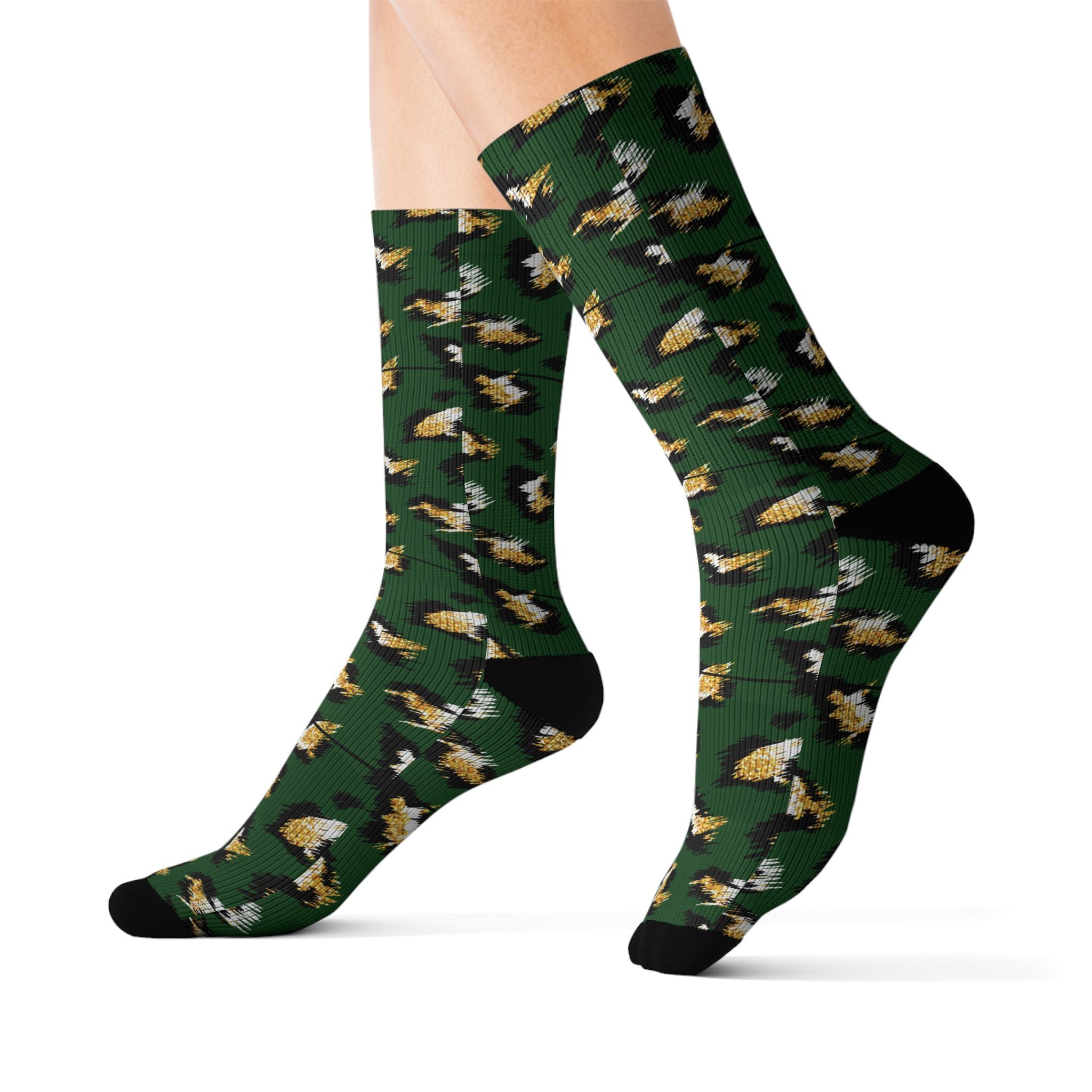 Green Camo Leopard Sublimation Socks – Trendy Animal Print Crew Socks