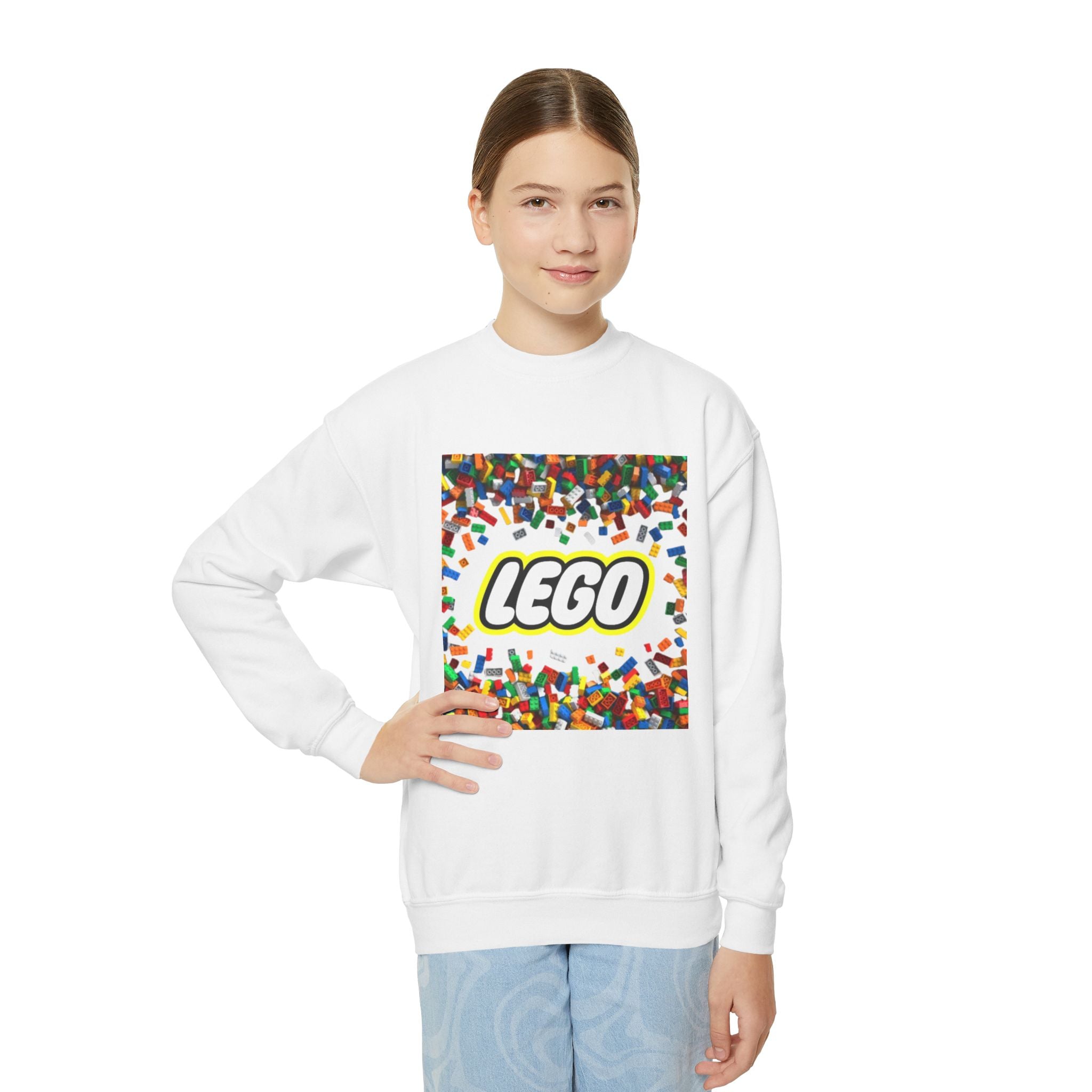 LEGO-Inspired Youth Crewneck Sweatshirt – Colorful Brick Confetti Graphic