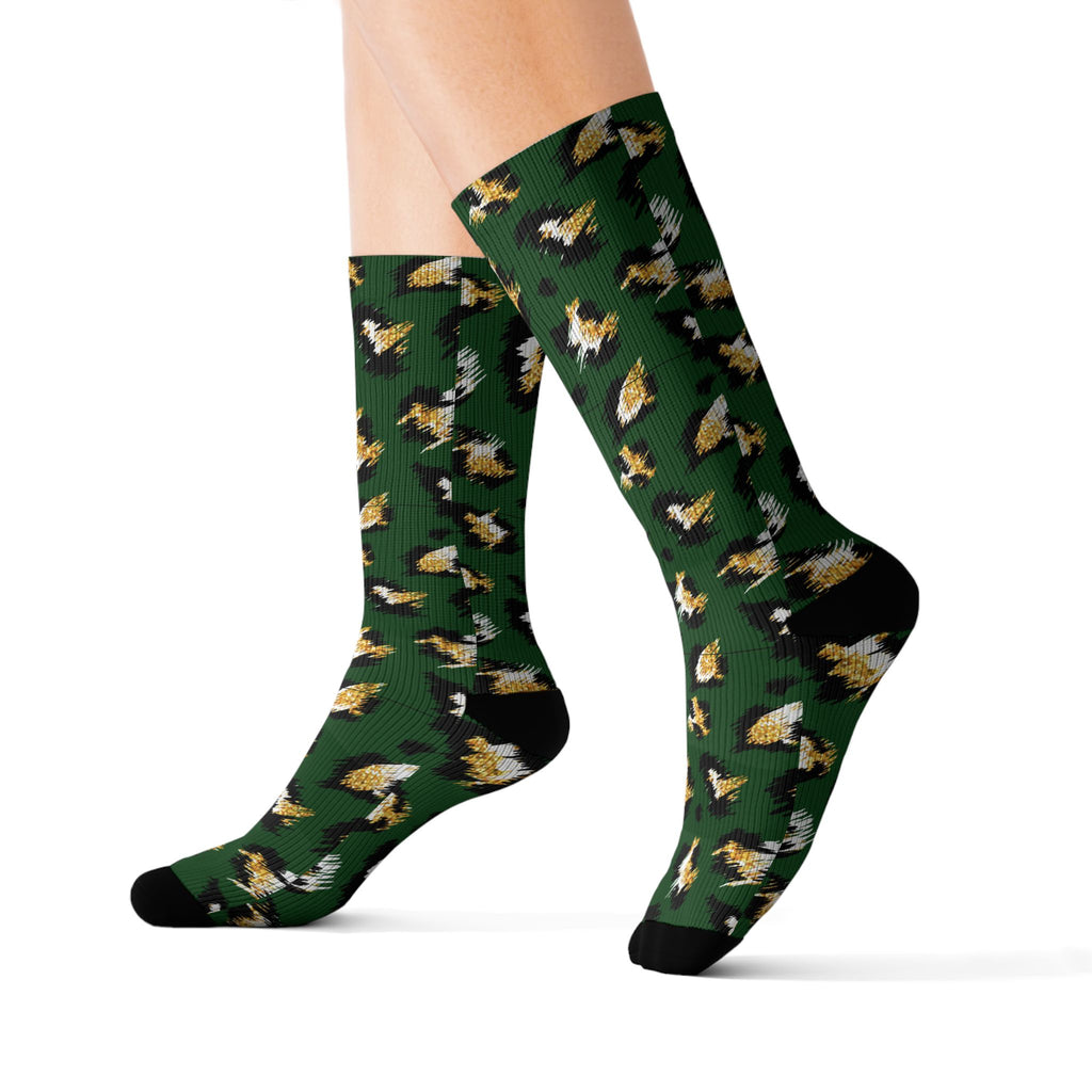 Green Camo Leopard Sublimation Socks – Trendy Animal Print Crew Socks