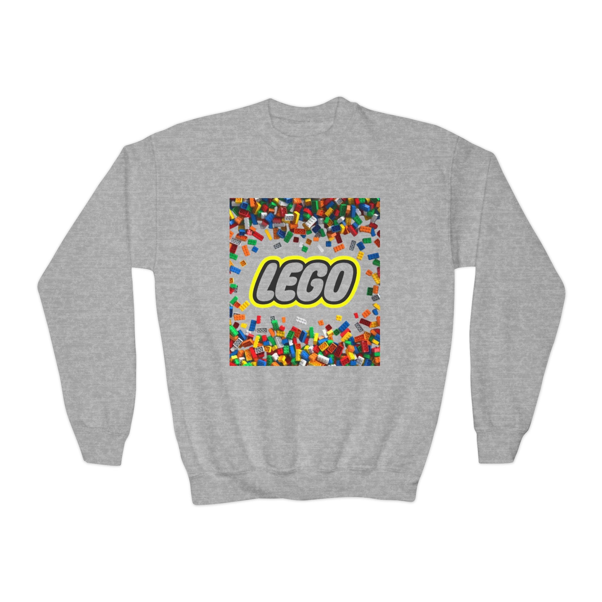 LEGO-Inspired Youth Crewneck Sweatshirt – Colorful Brick Confetti Graphic