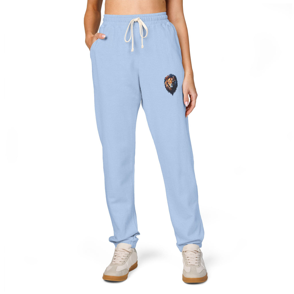 Lion Design Garment-Dyed Fleece Sweatpants, Stylish Lounge Pants, Cozy Athleisure Bottoms, Gift for Animal Lovers, Casual Wear